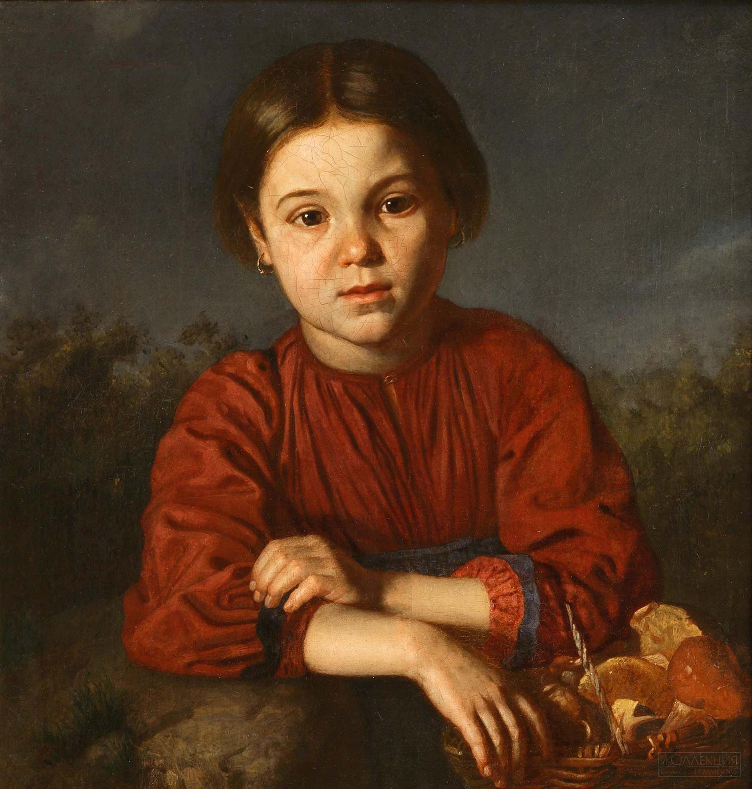 Неизвестный русский художник первой половины XIX века Картина Девочка с корзиной грибов на фоне пейзажа