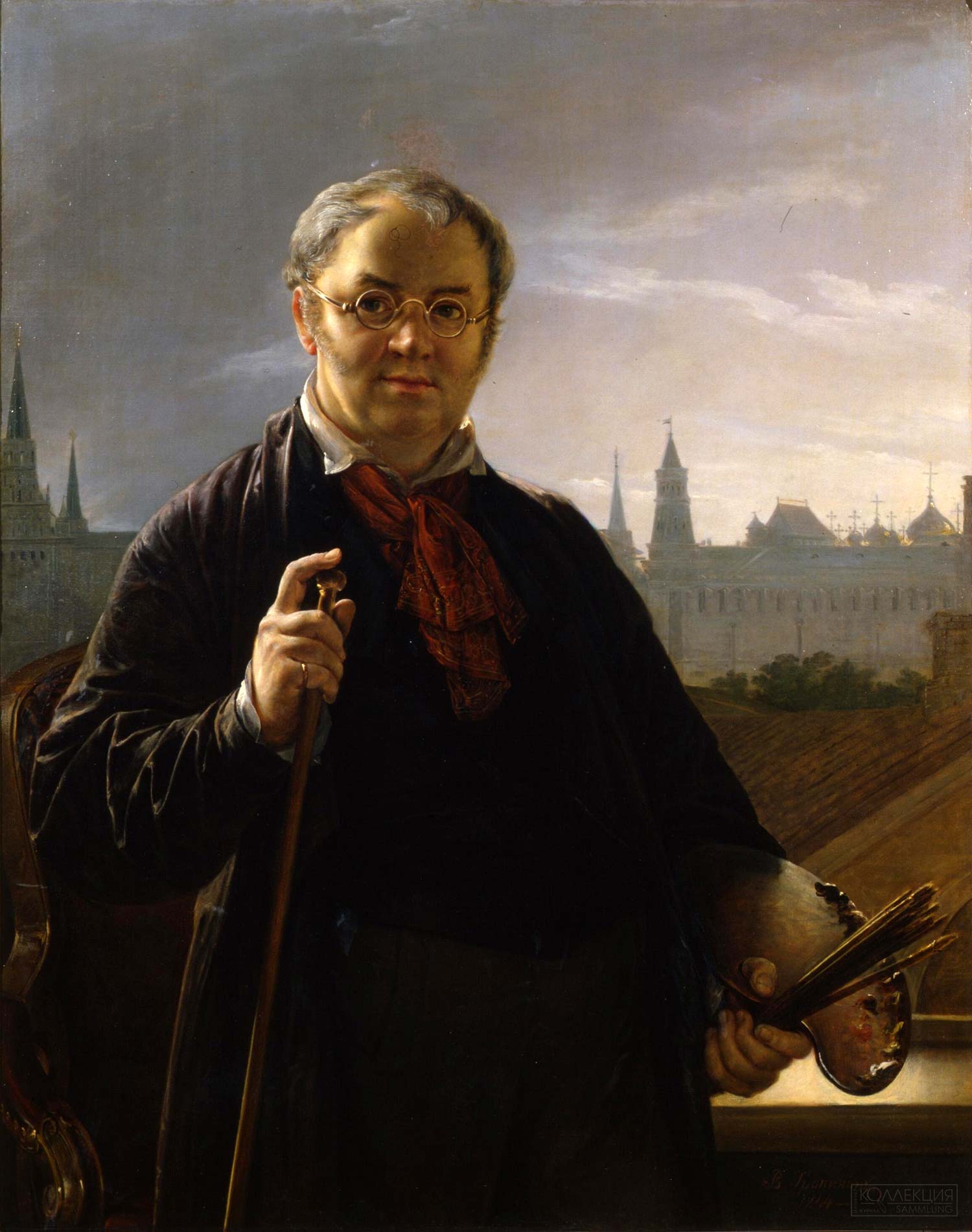 Тропинин В.А. Картина Автопортрет с кистями и палитрой на фоне окна с видом на Кремль