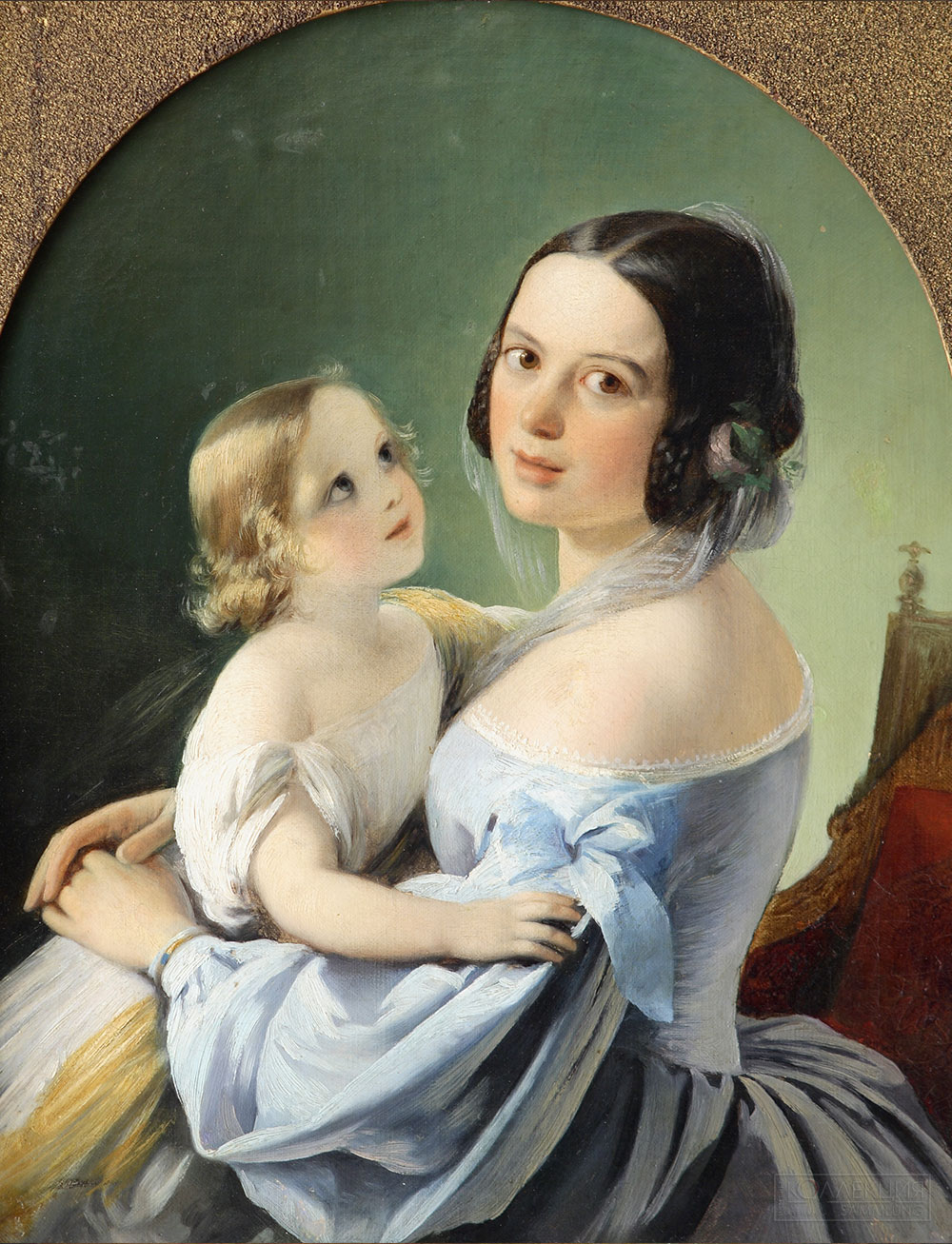 Нефф Т.А. Портрет неизвестной молодой дамы в голубом платье с ребенком на рука