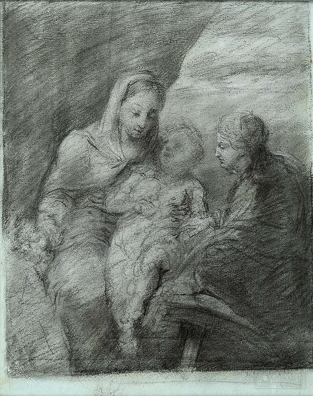 Тропинин Василий Андреевич (1780-1857). Мадонна с младенцем, Иоанном Крестителем, и Святой Екатериной на фоне драпировки и пейзажа