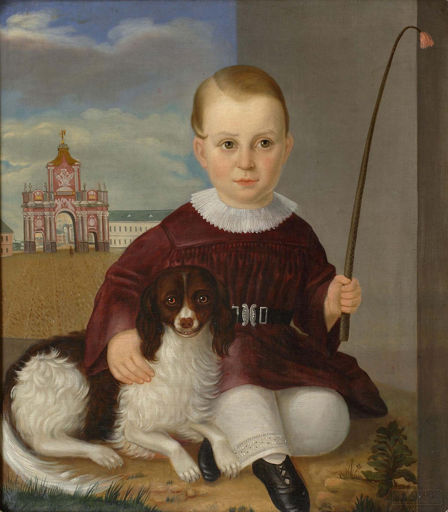 Колендас П. Портрет мальчика с собакой на фоне Красных ворот в Москве