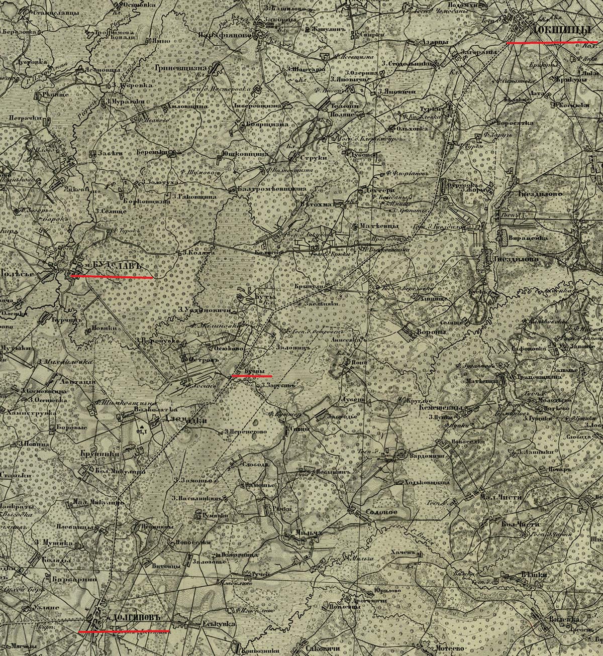 Фрагмент карты конца 19 века на которых отмечены населенные пункты Долгиново, Будслав, Докшицы и Бубны