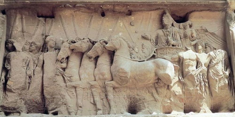Фрагменты барельефов Триумфальной арки Тита Флавия, Изображающие триумф в честь победы в Иудейской войне (66—73 гг. н.э.), I век н.э. Рим, Италия