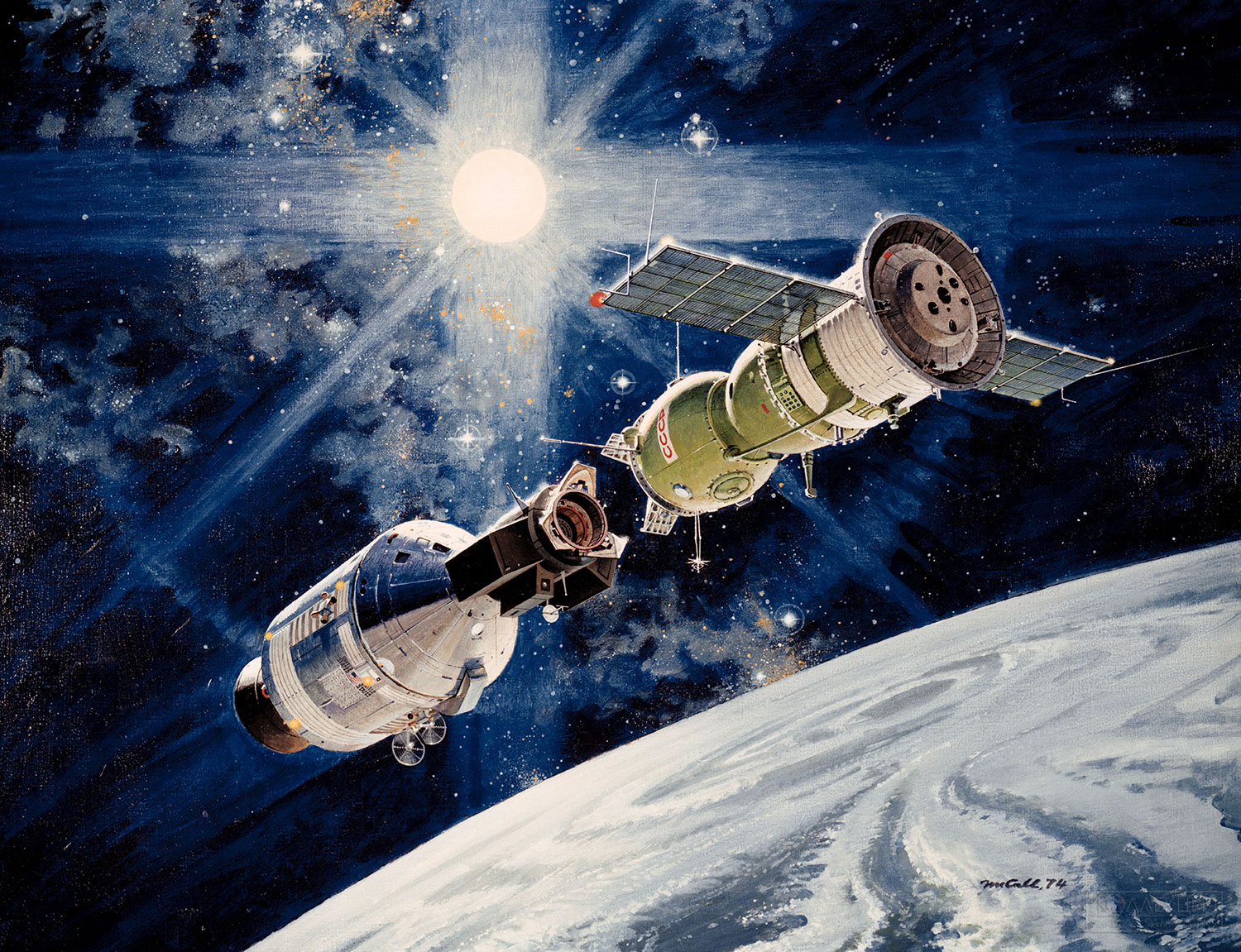 Роберт Макколл (Robert McCall). «Apollo-Soyuz Test Project (ASTP) (Docking)», Robert McCall, 01.07.1974. Источник: images.nasa.gov