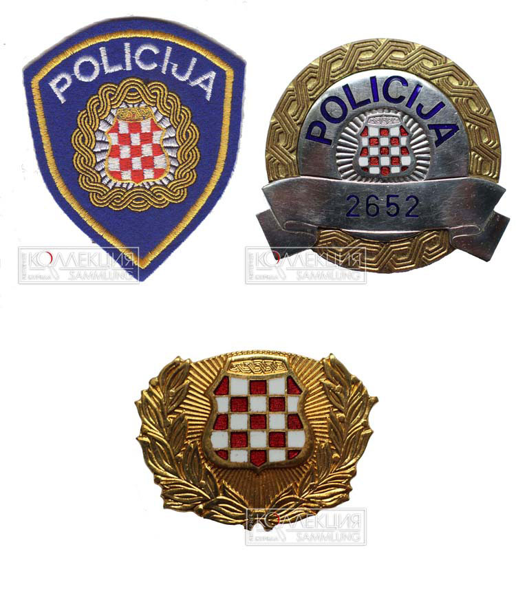 Знаки различия полиции Херцег-Босны: Нарукавный знак, служебный жетон (версия для удостоверения), малая эмблема на головной убор