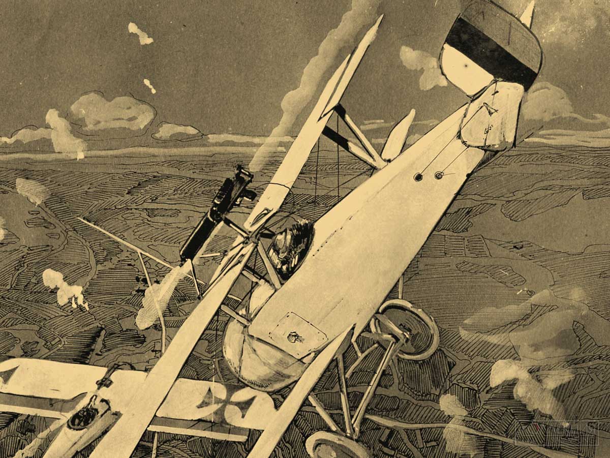 Бой «Ньюпора» с неприятельским самолётом у Луцка. Рисунок Арцеулова. Из частного собрания