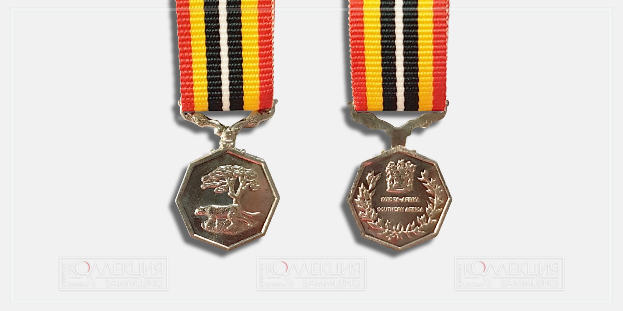 Южноафриканская медаль (англ. Southern Africa Medal; африкаанс Suider-Afrika-medalje). ЮАР. 1987—1994. Фрачная миниатюра. Коллекция Михаила Тренихина
