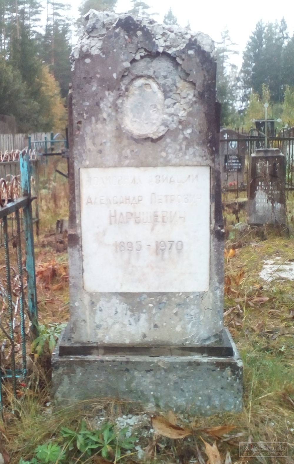 Памятник на могиле и медальон с изображением Александра Нарушевича с неё, сильно повреждённые временем