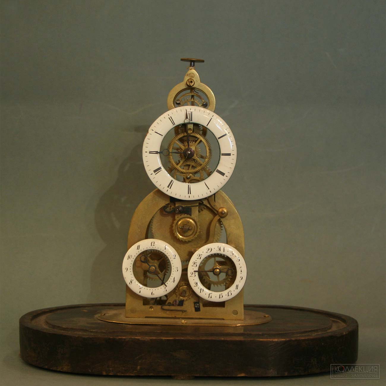Часы каминные. Скелетон с будильником численником. Франция, 1850