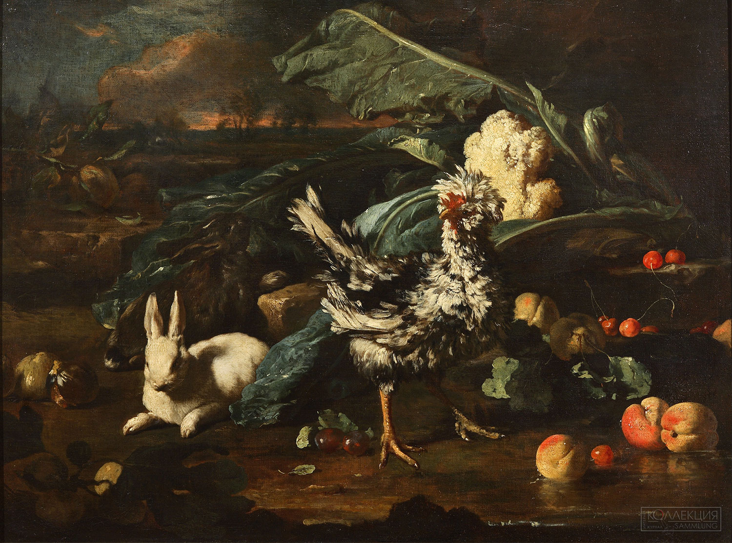 Тамм. Натюрморт с кроликами и курицей. Германия/Италия. 1685-1695. Холст, масло. 72,8х97,4 см. (прямоугольник)
