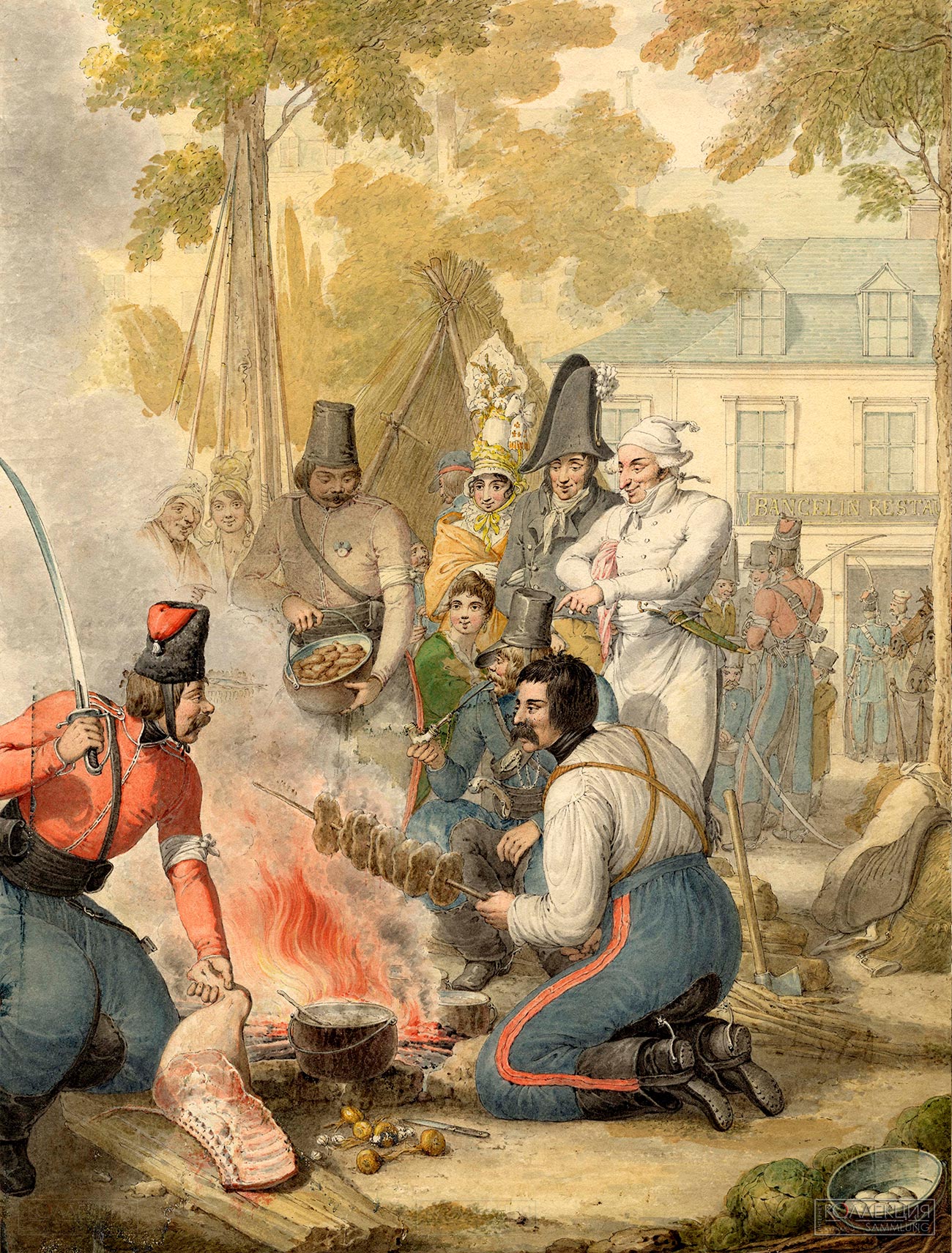Опиц Г.-Э. Приготовление мяса в лагере казаков. Париж, 1814. 1815. ГИМ