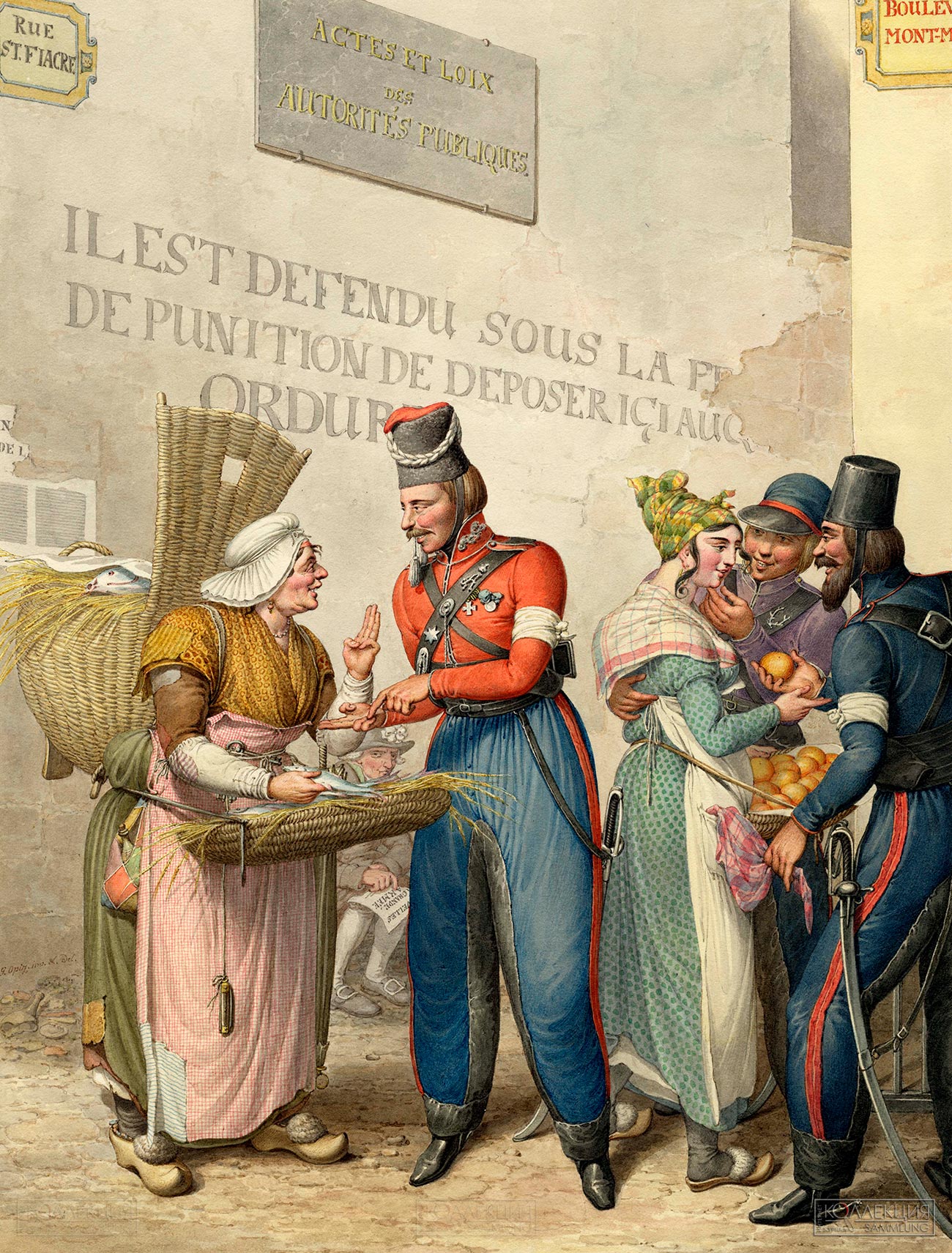 Опиц Г.-Э. Уличная сценка: казаки и торговки рыбой и яблоками. Париж, 1814. 1815. ГИМ