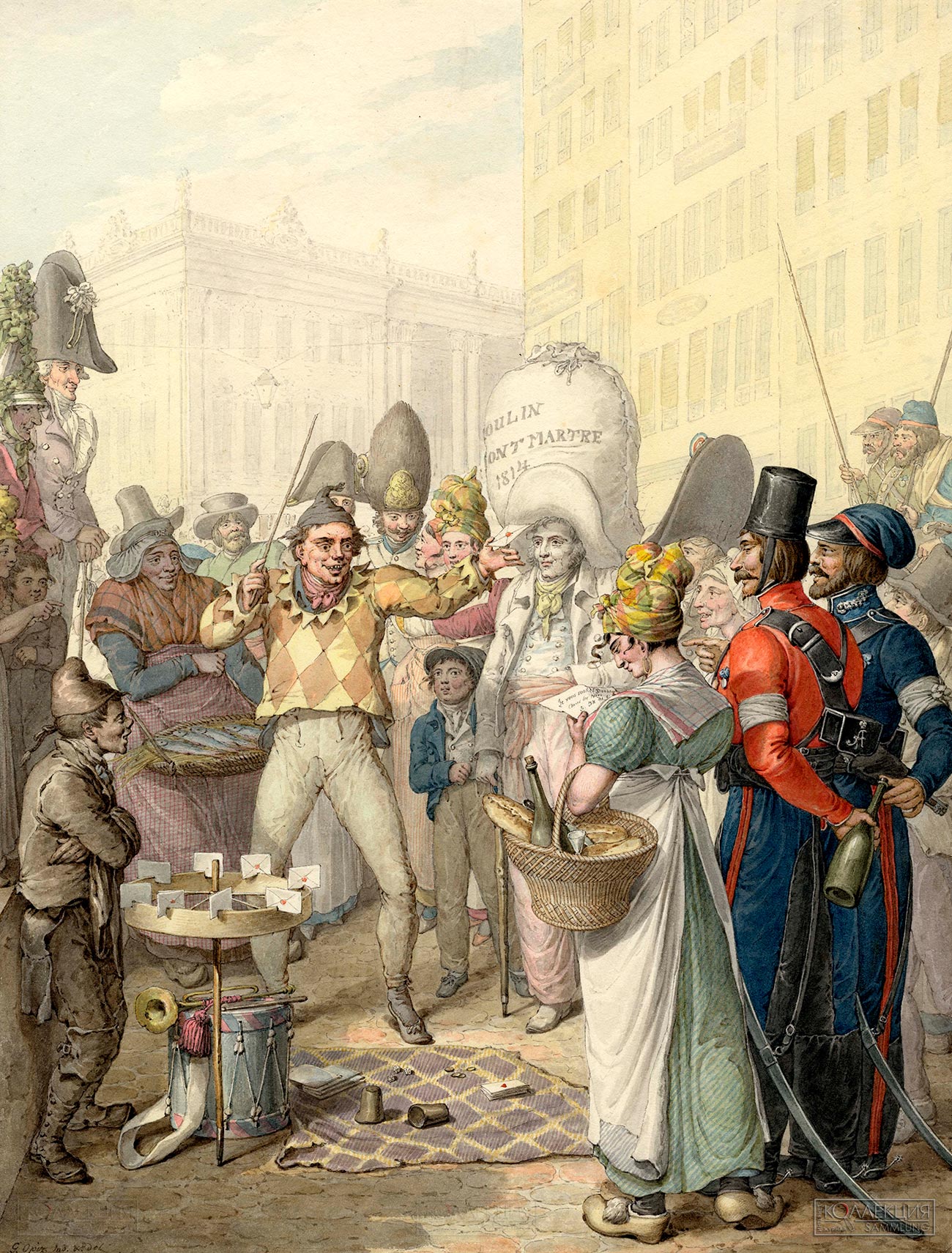Опиц Г.-Э. Выступление уличного фокусника и предсказателя в центре Парижа, 1814. 1815. ГИМ