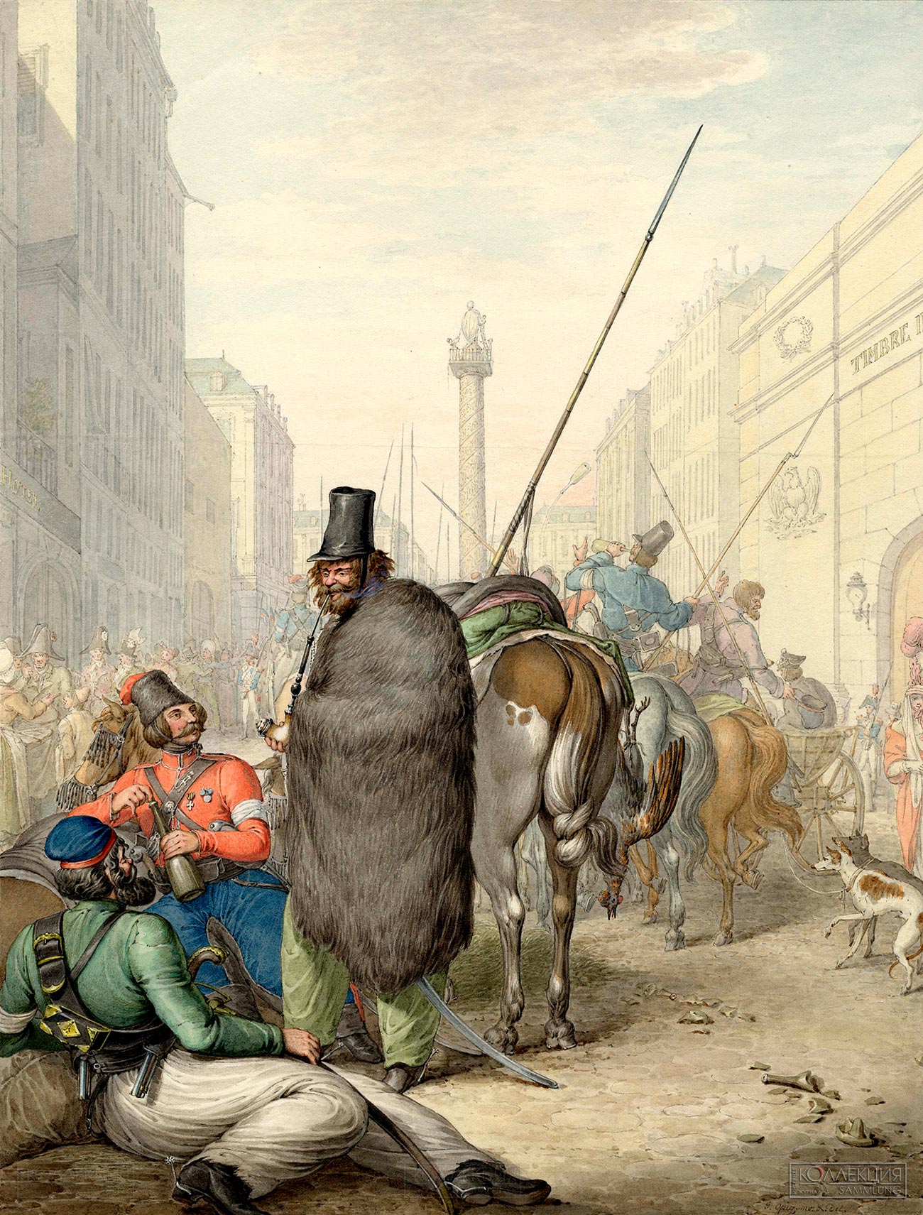 Опиц Г.-Э. Русские казаки на улице, ведущей к Вандомской площади, 1814. 1815. ГИМ