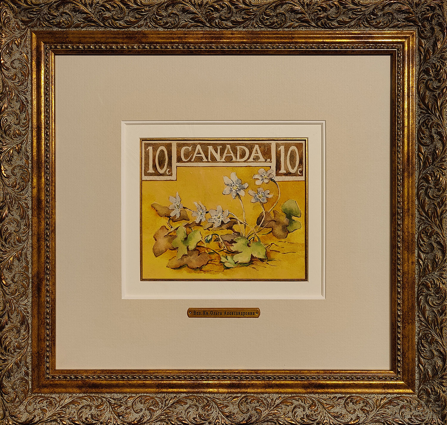 Ольга Александровна Романова. Проект почтовой марки Канады номиналом 10 центов. Рисунок наклеен на бумагу, на которой карандашом написано "OLGA" и "№3". 1950-е