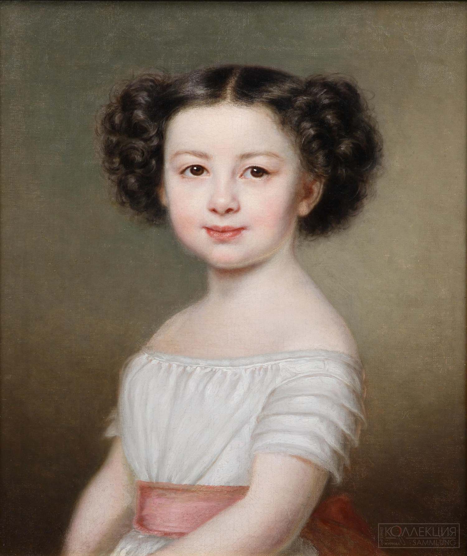 Неизвестный художник XIX века. Портрет девочки в белом платье с розовым поясом
