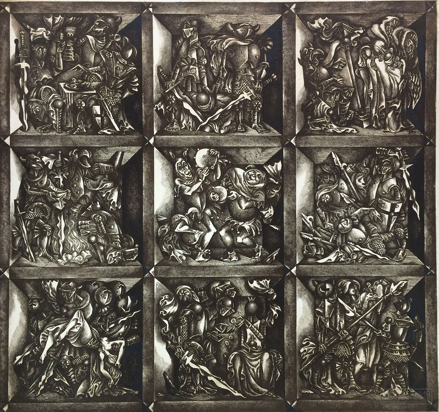 Виталий Волович. Сцены из рыцарских времён. 1974 г. Бумага, офорт. 84,5х91,0; 90,0х105,0. Белгородский государственный литературный музей