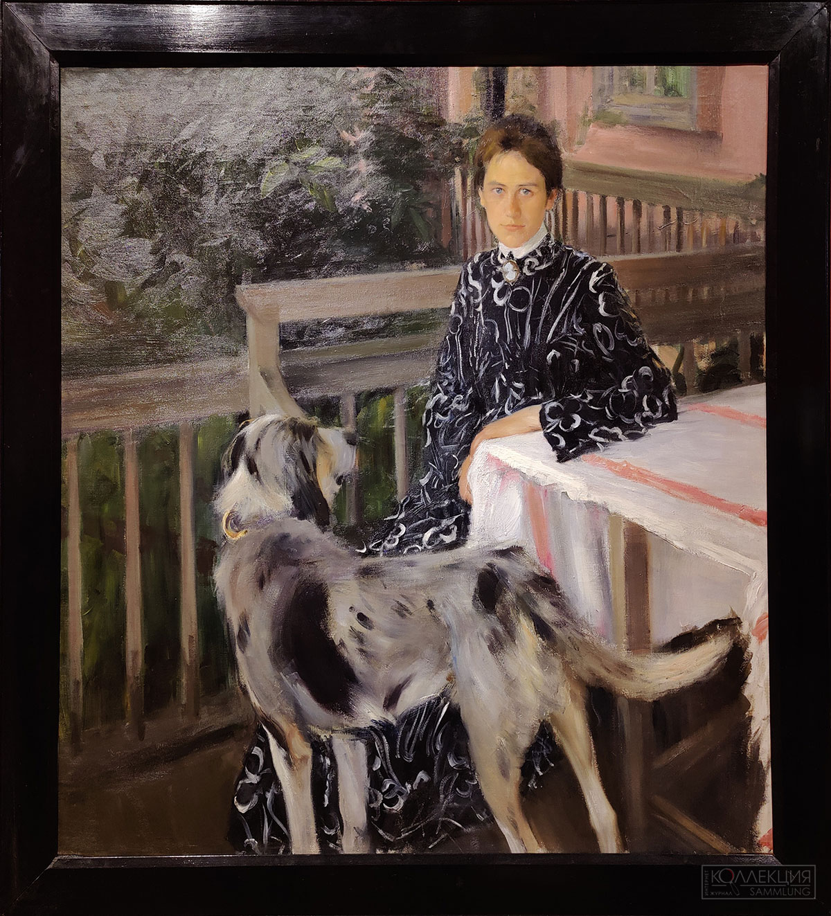 Кустодиев Б.М. Портрет Ю.Е Кустодиевой. 1903. Холст, масло. ГТГ. Изображена Юлия Евстафьевна Кустодиева (урожд. Прошинская; 1880-1942), жена художника, на веранде главного дома усадьбы Е.П., М.П. и Ю.П. Грек в Васоково Костромской губернии