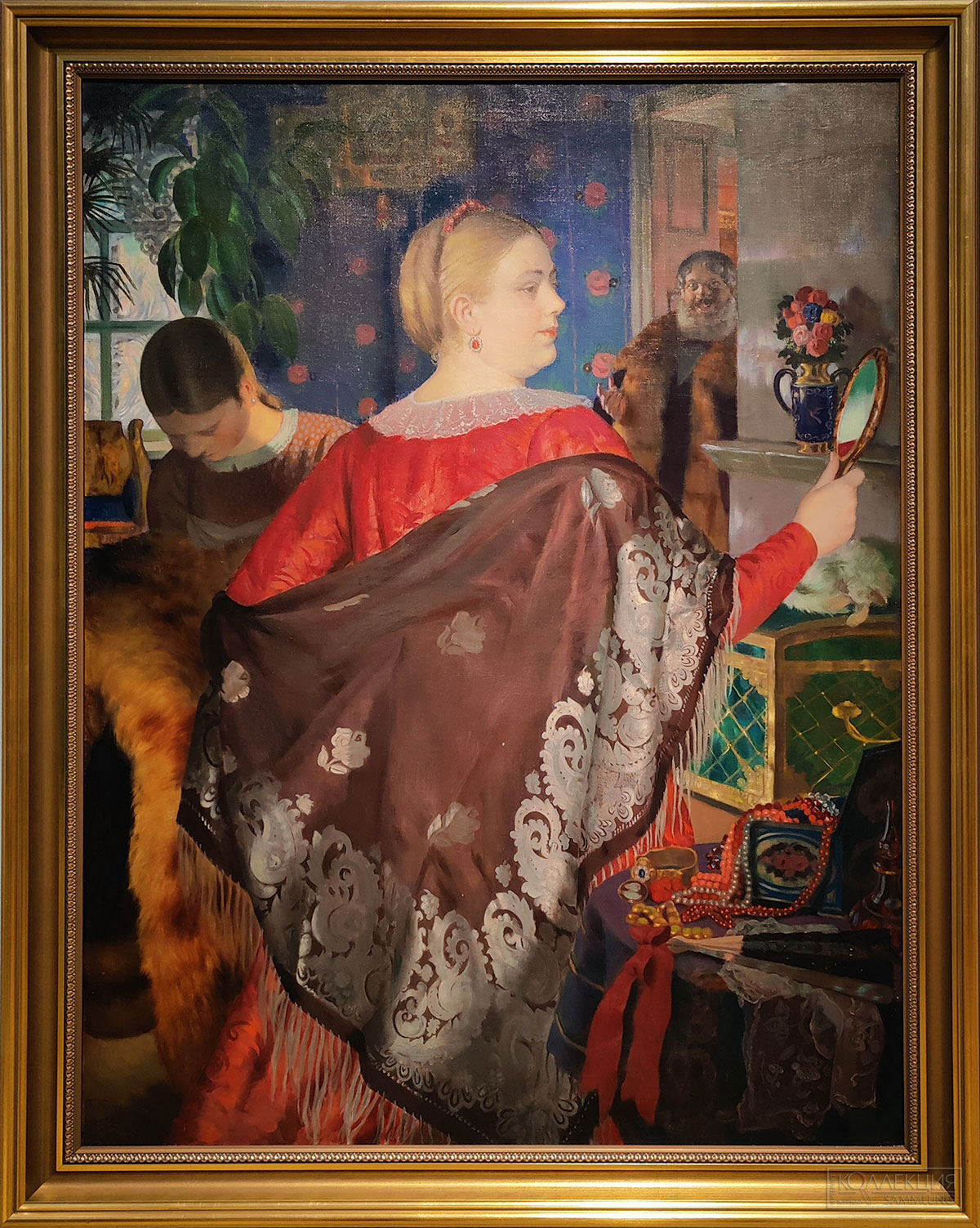 Кустодиев Б.М. Купчиха с зеркалом. 1920. Холст, масло. ГРМ. Моделью послужила домработница Аннушка. Дочь Ирина позировала для фигуры горничной