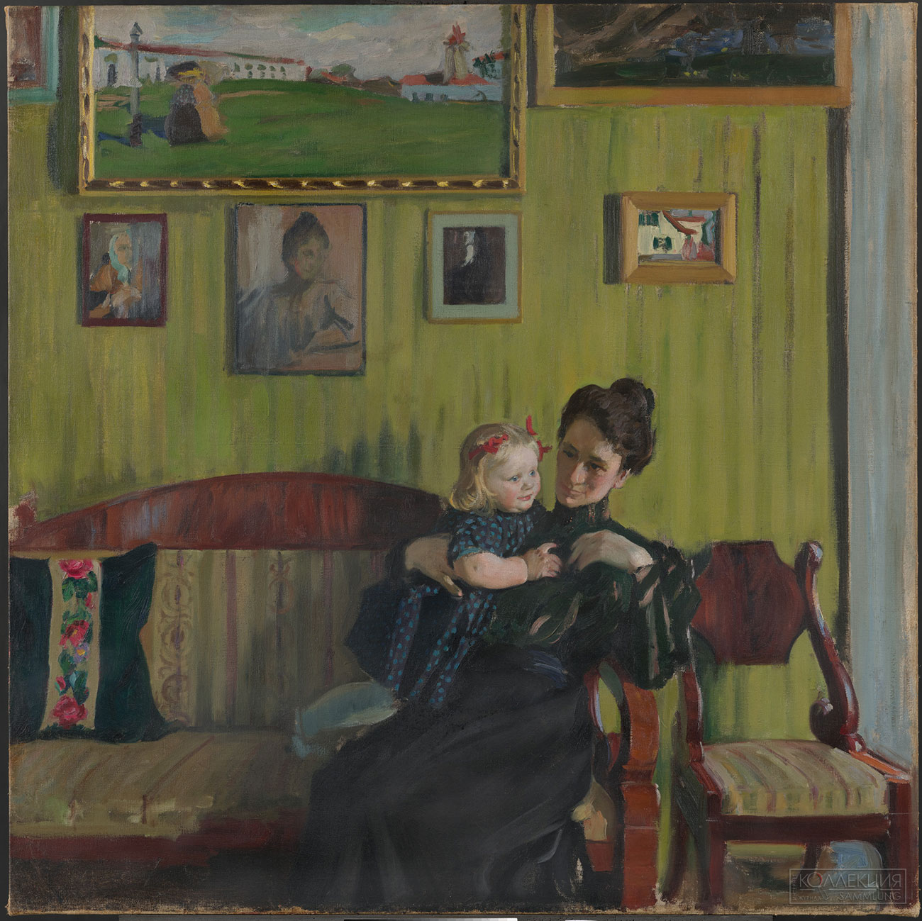 Кустодиев Б.М. 1878-1927. Портрет жены художника Ю. Е. Кустодиевой с дочерью Ириной. 1908. Холст, масло. 106,7x107,8. В раме: 130,2x130,1x10