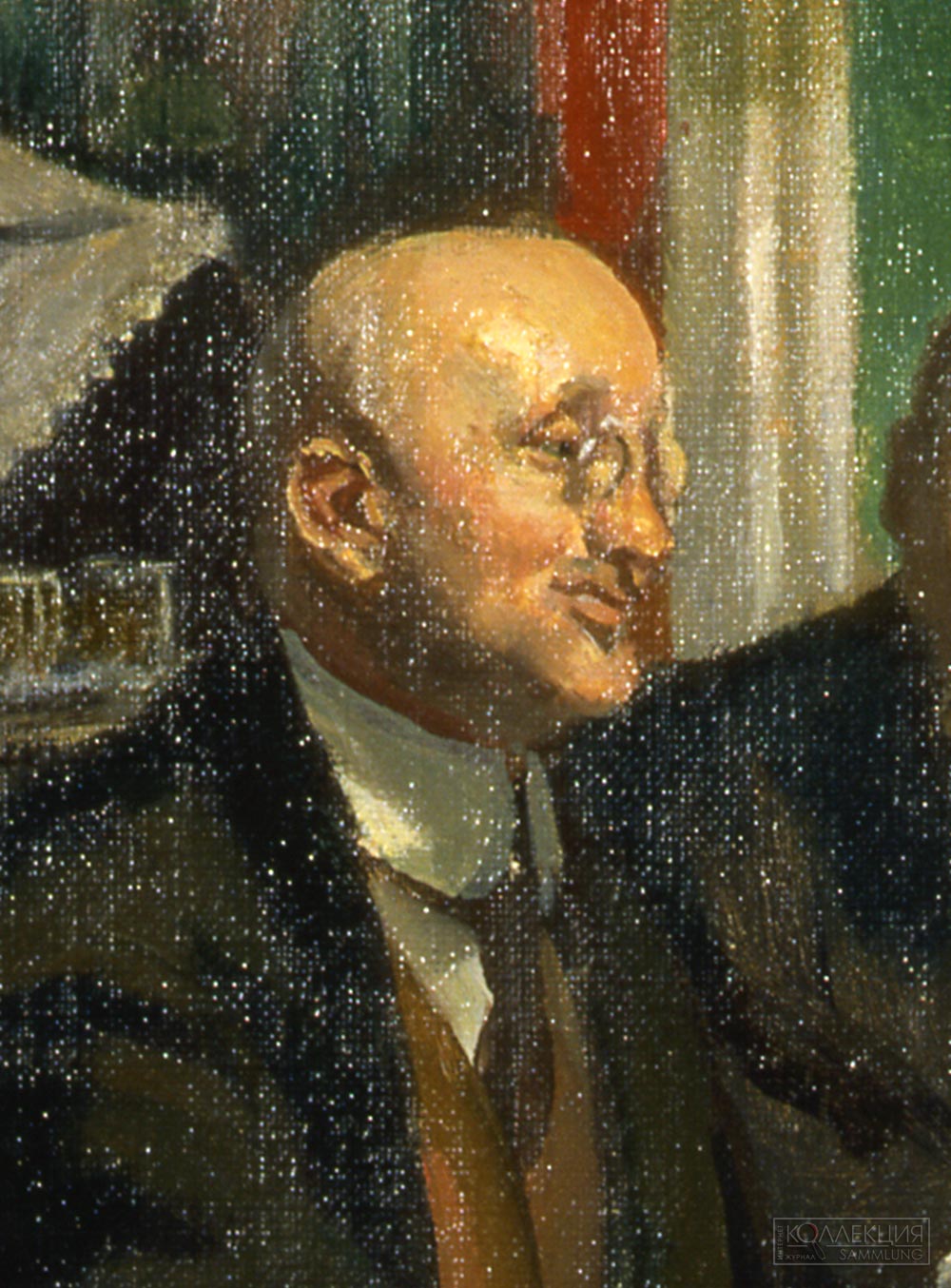 Кустодиев Б.М. Групповой портрет художников общества «Мир искусства». 1920. Холст, масло. 52×89 см. ГРМ (Фрагмент)