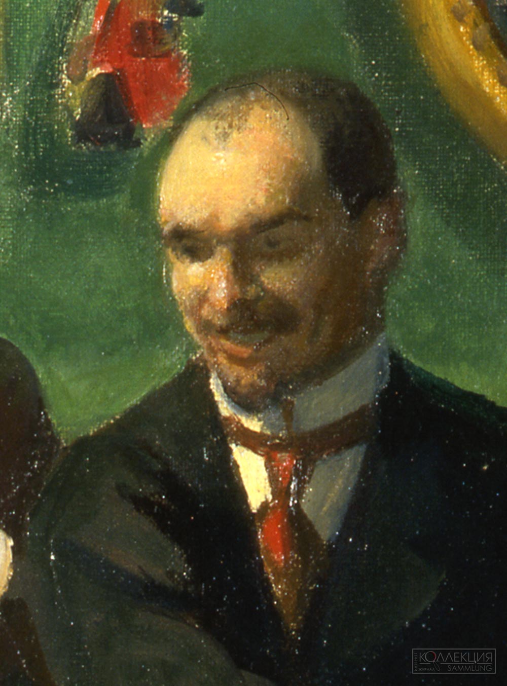 Кустодиев Б.М. Групповой портрет художников общества «Мир искусства». 1920. Холст, масло. 52×89 см. ГРМ (Фрагмент)