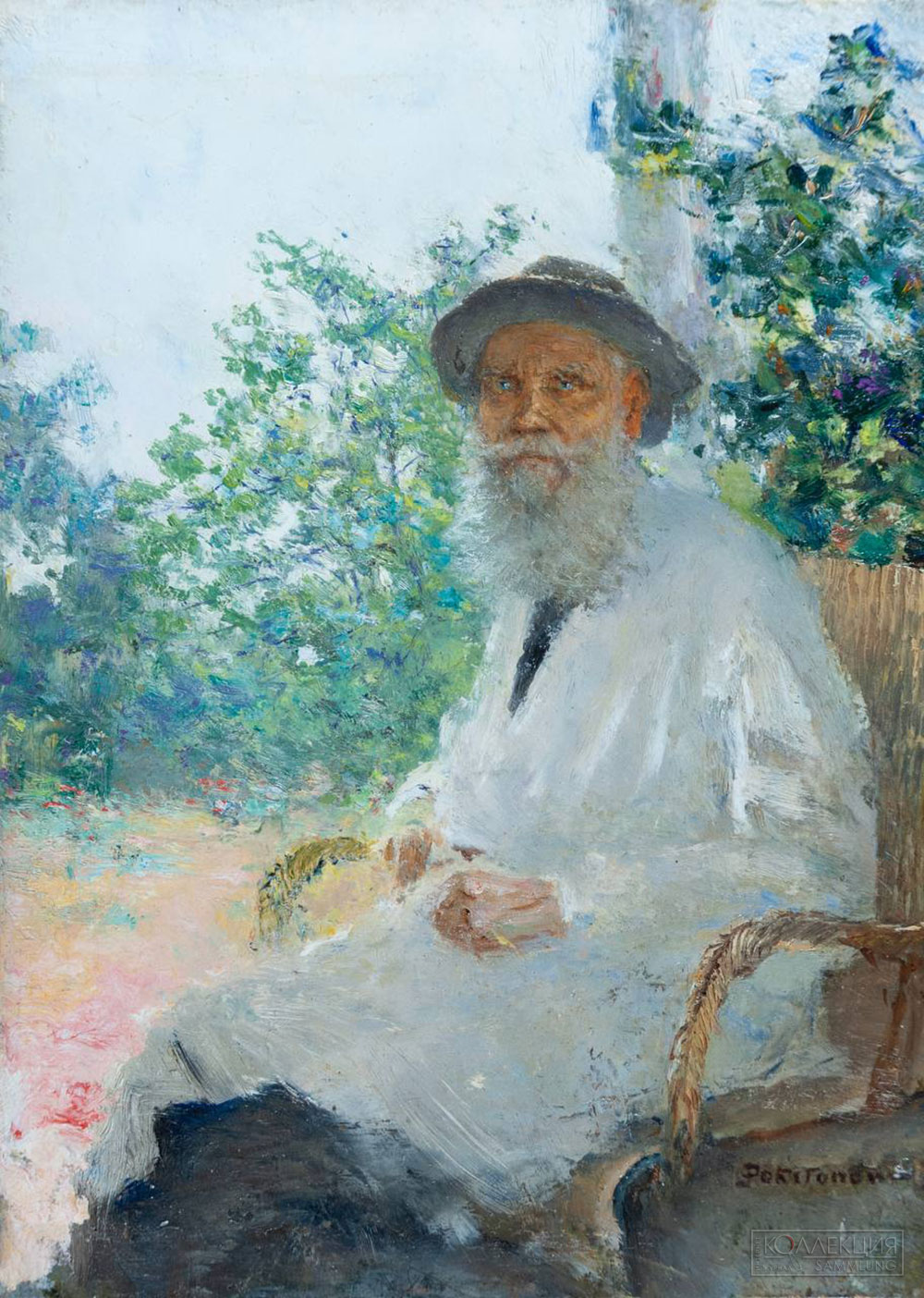 Похитонов И.П. Портрет Л.Н. Толстого на террасе. 1905. Дерево, масло. 14,5 x 10,5. ГРМ