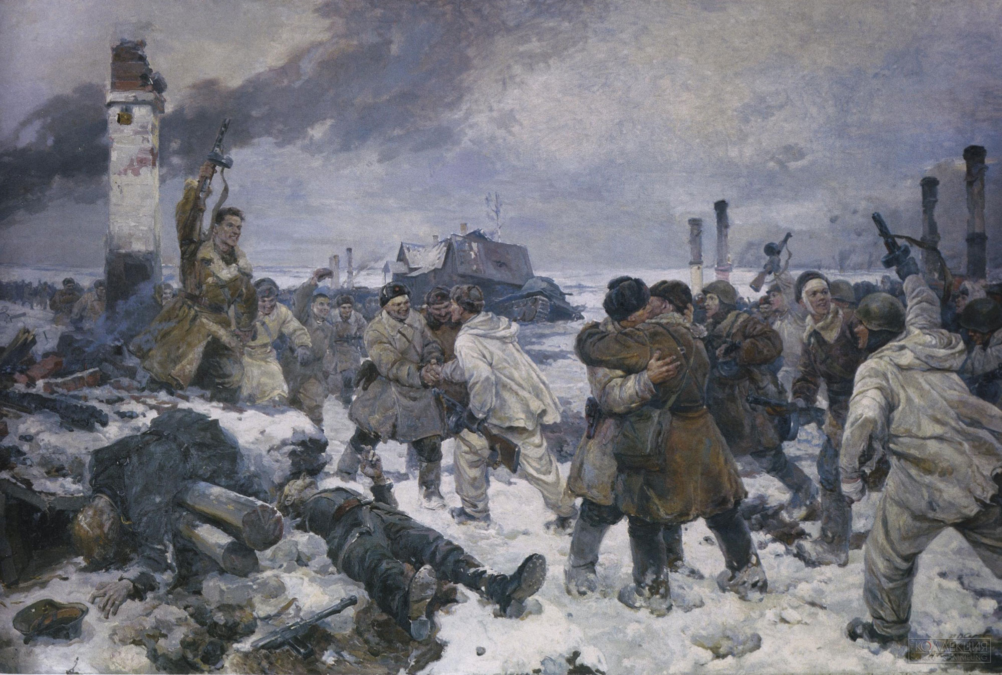 Владимир Серов, Иосиф Серебряный, Анатолий Казанцев. Прорыв блокады. 18 января 1943 года. Х.,м. 299 х 464. ГРМ.