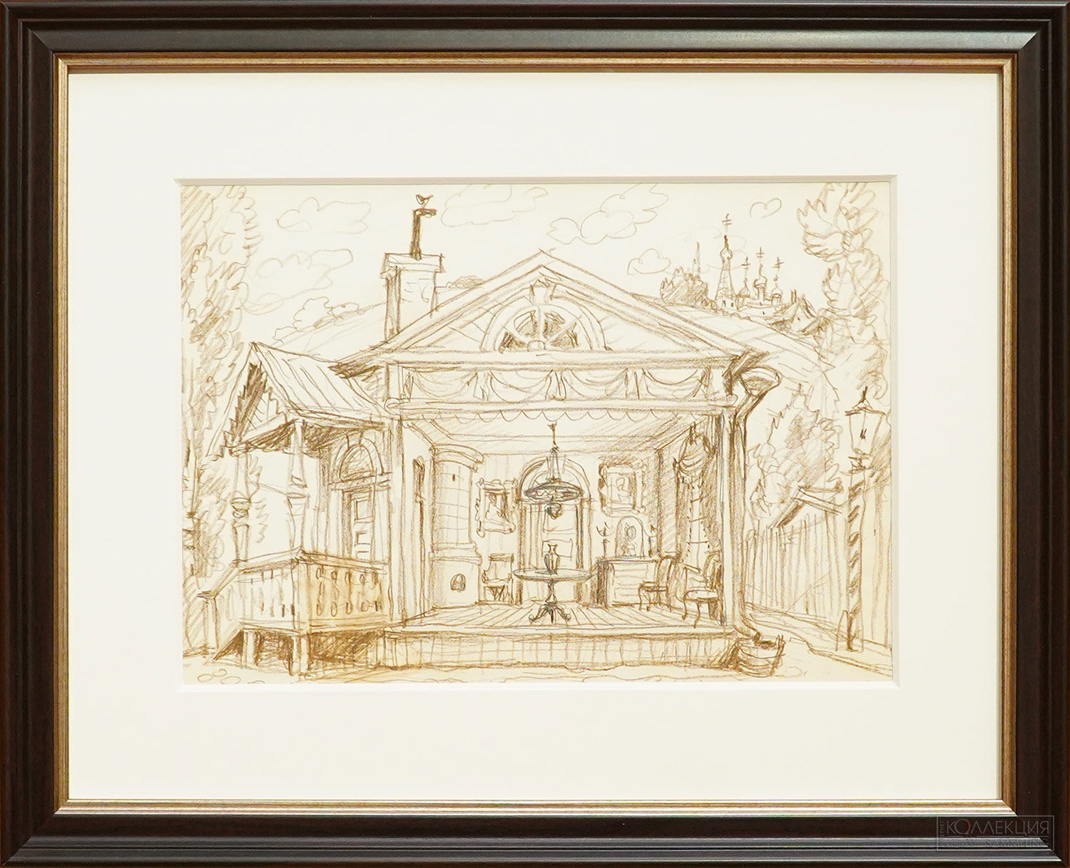 Николай Александрович Бенуа (1901-1988). Эскиз декорации к опере И.Ф. Стравинского. «Мавра». Италия. 1940-1960-е гг. Бумага, соус. Государственный музей-заповедник «Петергоф»