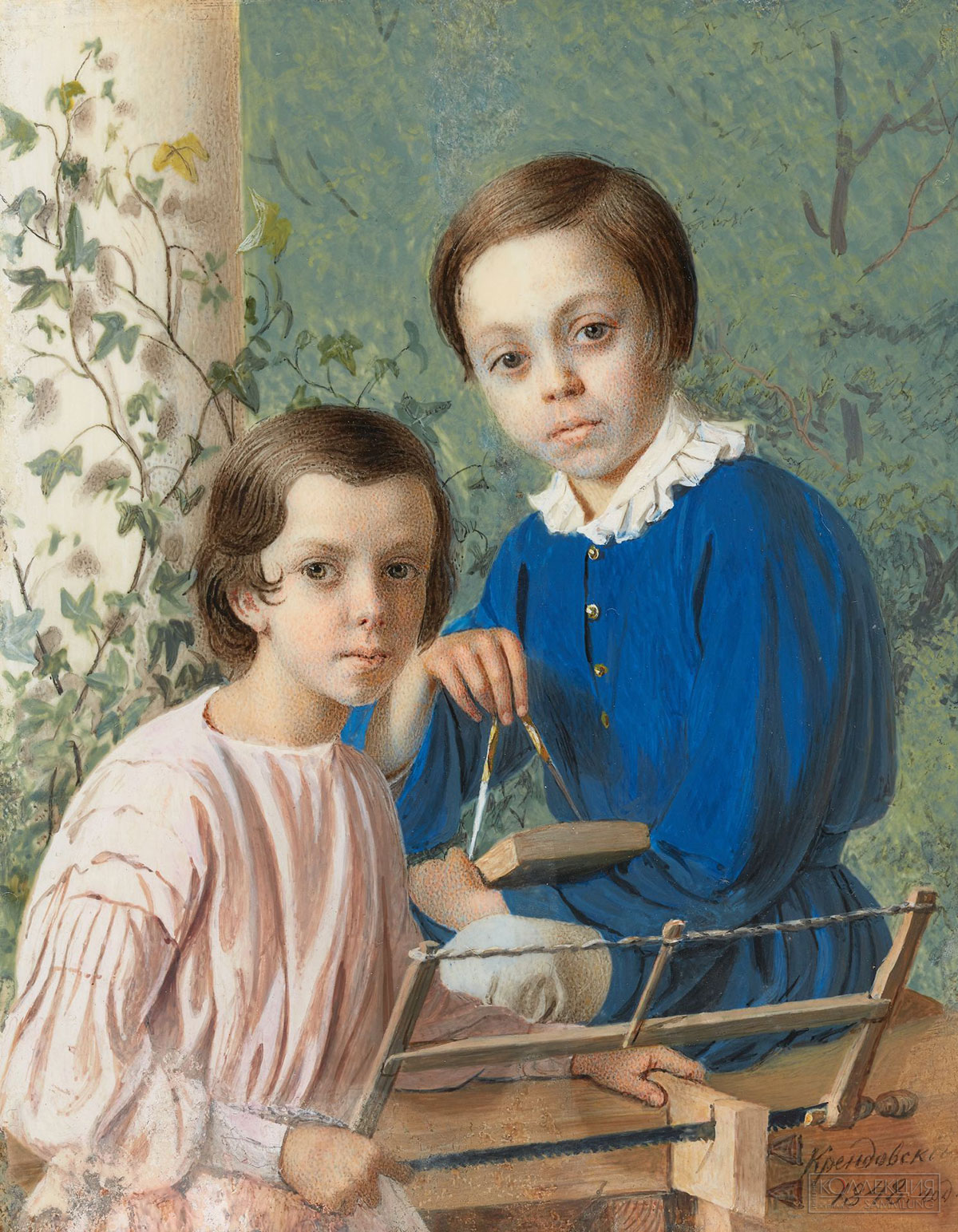 Крендовский Е.Ф. Портрет Петра и Павла Капнистов. 1848. Кость, акварель, гуашь, белила 10,5 х 8,2. ГТГ