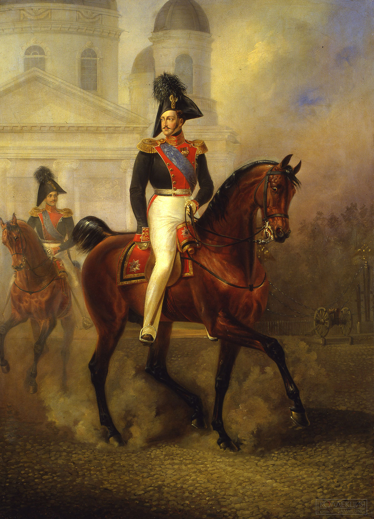 Швабе А.П. Николай I с цесаревичем Александром Николаевичем, 1840-е гг. (1843?). Холст, масло. ГИМ