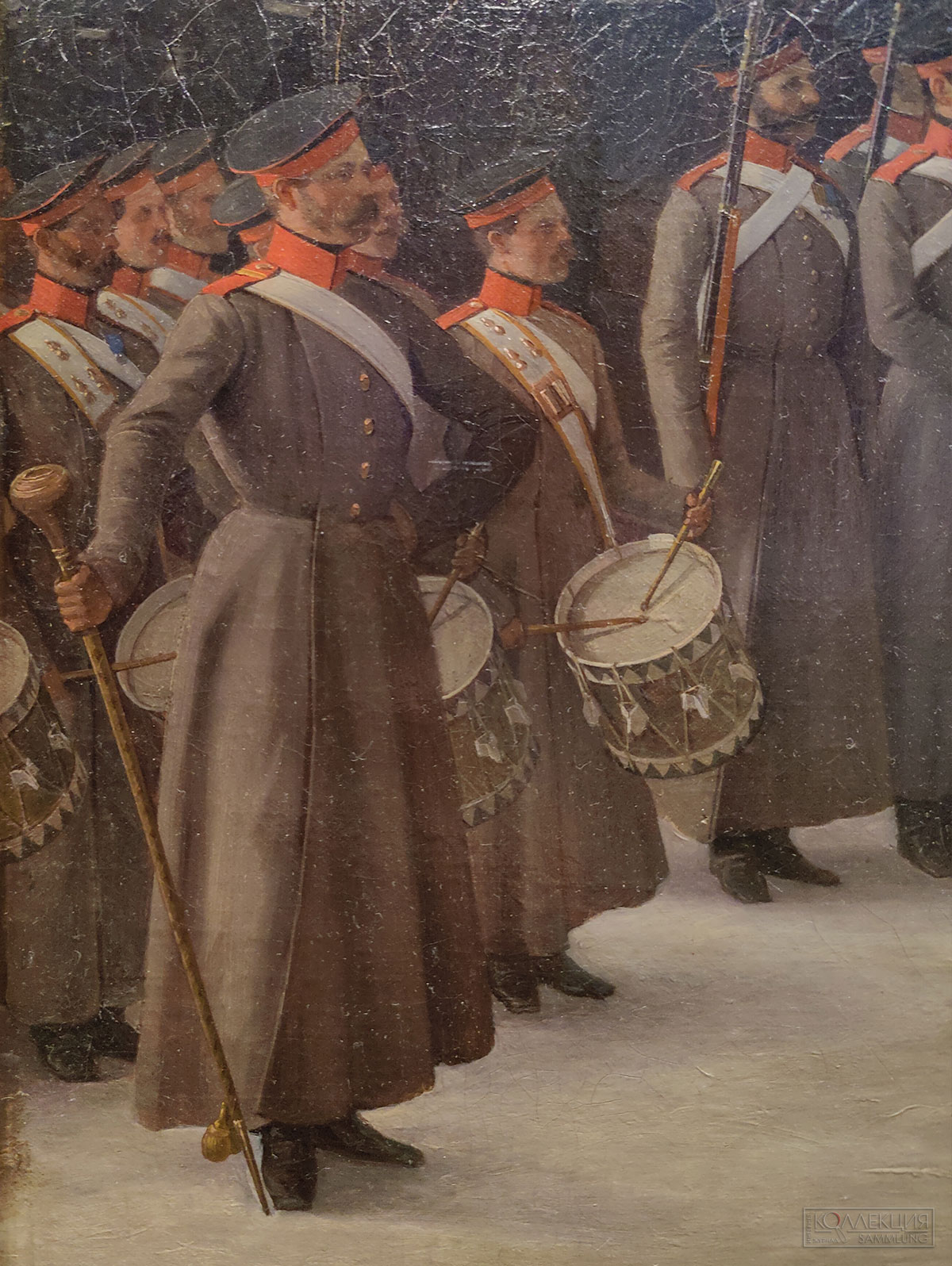 Адольф Игнатьевич Ладюрнер (1799-1855). Приход к Зимнему дворцу 1-го батальона лейб-гвардии Преображенского полка 14 декабря 1825 года. 1852. Холст, масло. Поступление: в 1930 году из Военно-исторического музея, ранее – собрание лейб-гвардии Преображенского полка. ГИМ (Фрагмент)