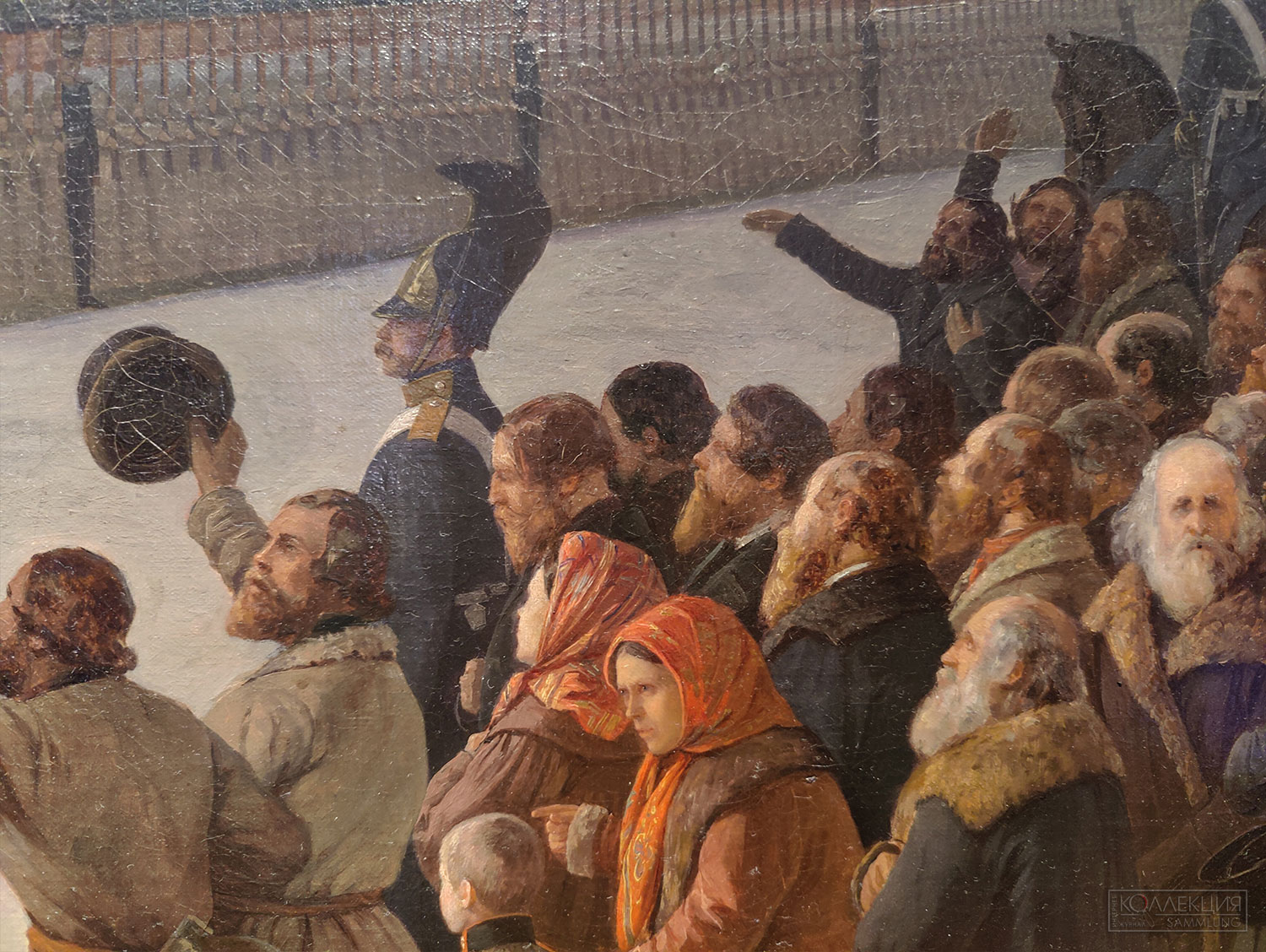 Адольф Игнатьевич Ладюрнер (1799-1855). Приход к Зимнему дворцу 1-го батальона лейб-гвардии Преображенского полка 14 декабря 1825 года. 1852. Холст, масло. Поступление: в 1930 году из Военно-исторического музея, ранее – собрание лейб-гвардии Преображенского полка. ГИМ (Фрагмент)