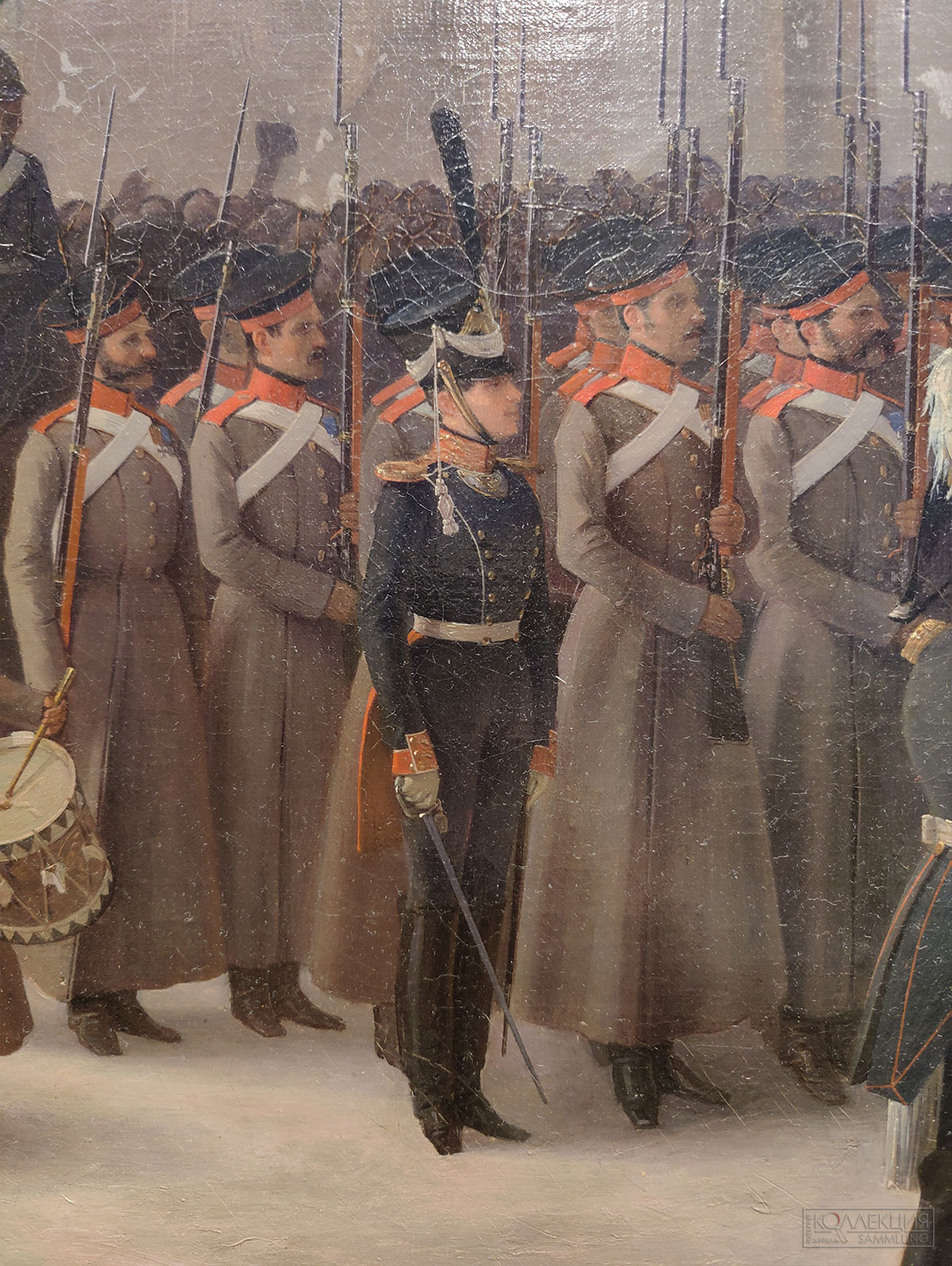 Адольф Игнатьевич Ладюрнер (1799-1855). Приход к Зимнему дворцу 1-го батальона лейб-гвардии Преображенского полка 14 декабря 1825 года. 1852. Холст, масло. Поступление: в 1930 году из Военно-исторического музея, ранее – собрание лейб-гвардии Преображенского полка. ГИМ (Фрагмент)