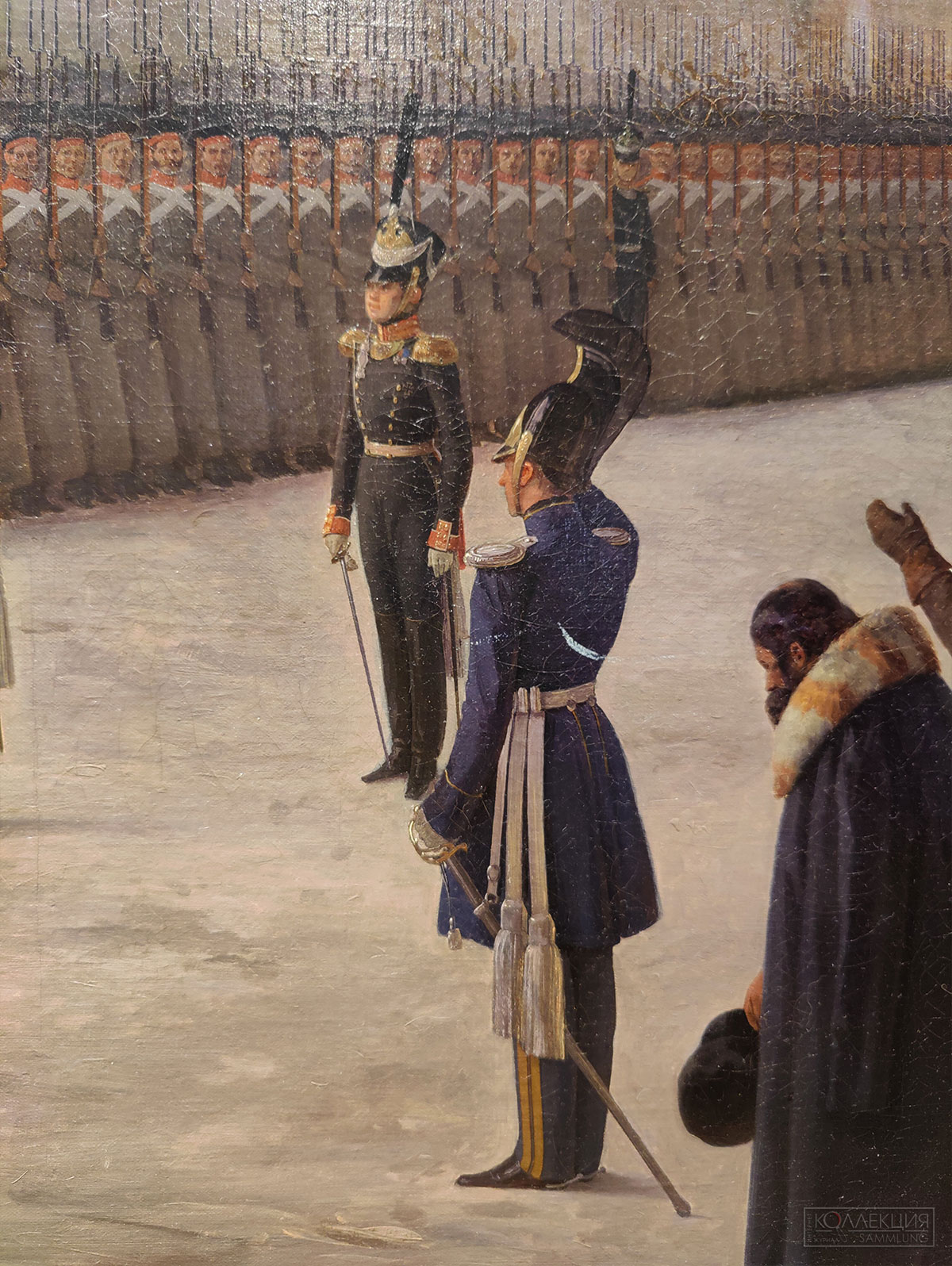 Адольф Игнатьевич Ладюрнер (1799-1855). Приход к Зимнему дворцу 1-го батальона лейб-гвардии Преображенского полка 14 декабря 1825 года. 1852. Холст, масло. Поступление: в 1930 году из Военно-исторического музея, ранее – собрание лейб-гвардии Преображенского полка. ГИМ (Фрагмент)