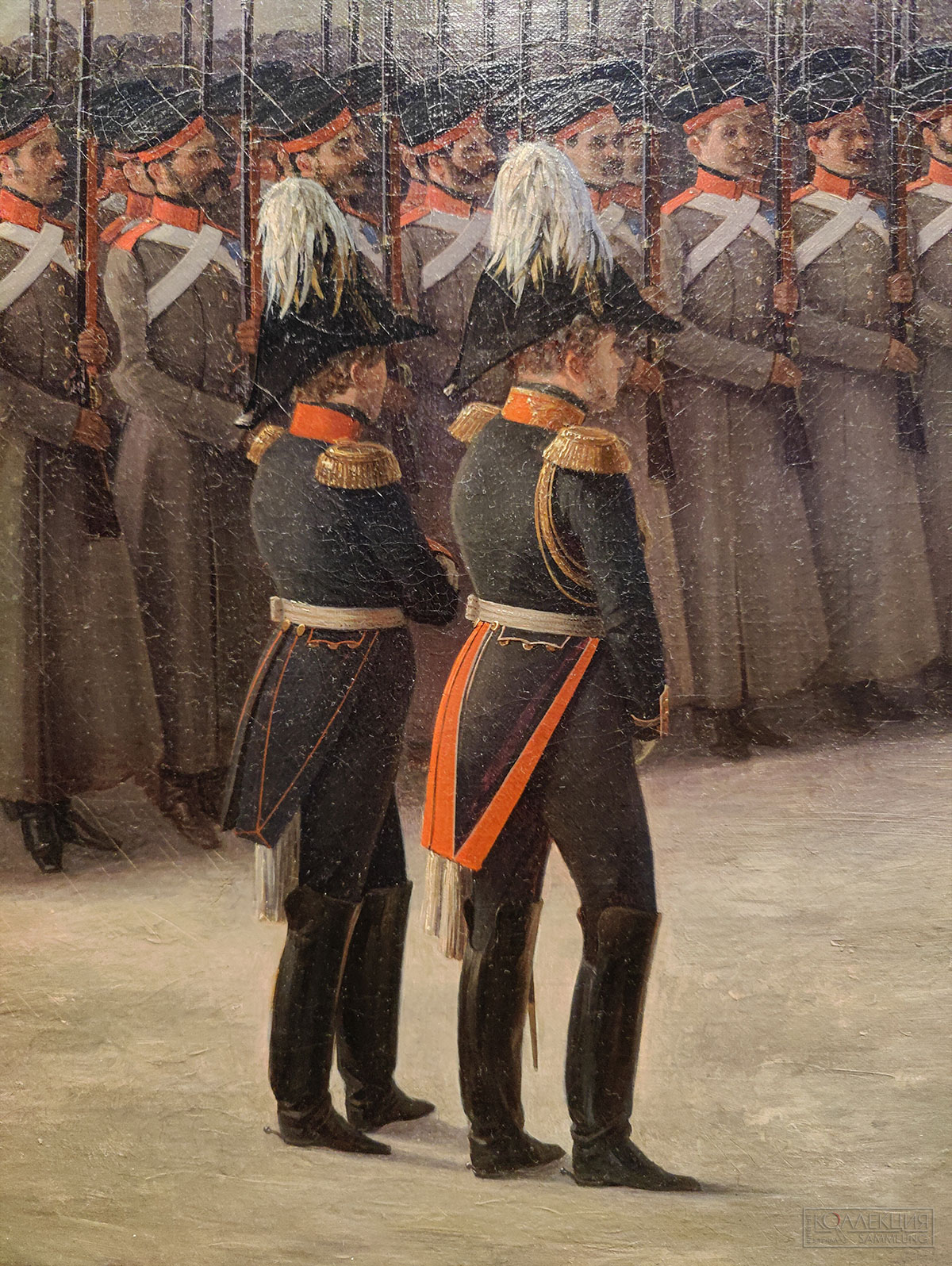 Адольф Игнатьевич Ладюрнер (1799-1855). Приход к Зимнему дворцу 1-го батальона лейб-гвардии Преображенского полка 14 декабря 1825 года. 1852. Холст, масло. Поступление: в 1930 году из Военно-исторического музея, ранее – собрание лейб-гвардии Преображенского полка. ГИМ (Фрагмент)