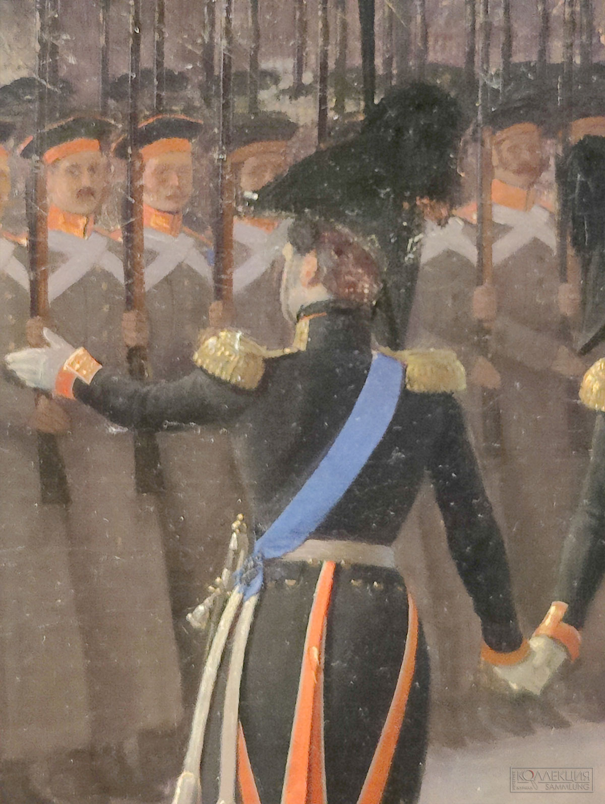 Адольф Игнатьевич Ладюрнер (1799-1855). Приход к Зимнему дворцу 1-го батальона лейб-гвардии Преображенского полка 14 декабря 1825 года. 1852. Холст, масло. Поступление: в 1930 году из Военно-исторического музея, ранее – собрание лейб-гвардии Преображенского полка. ГИМ (Фрагмент). Портрет императора Николая I