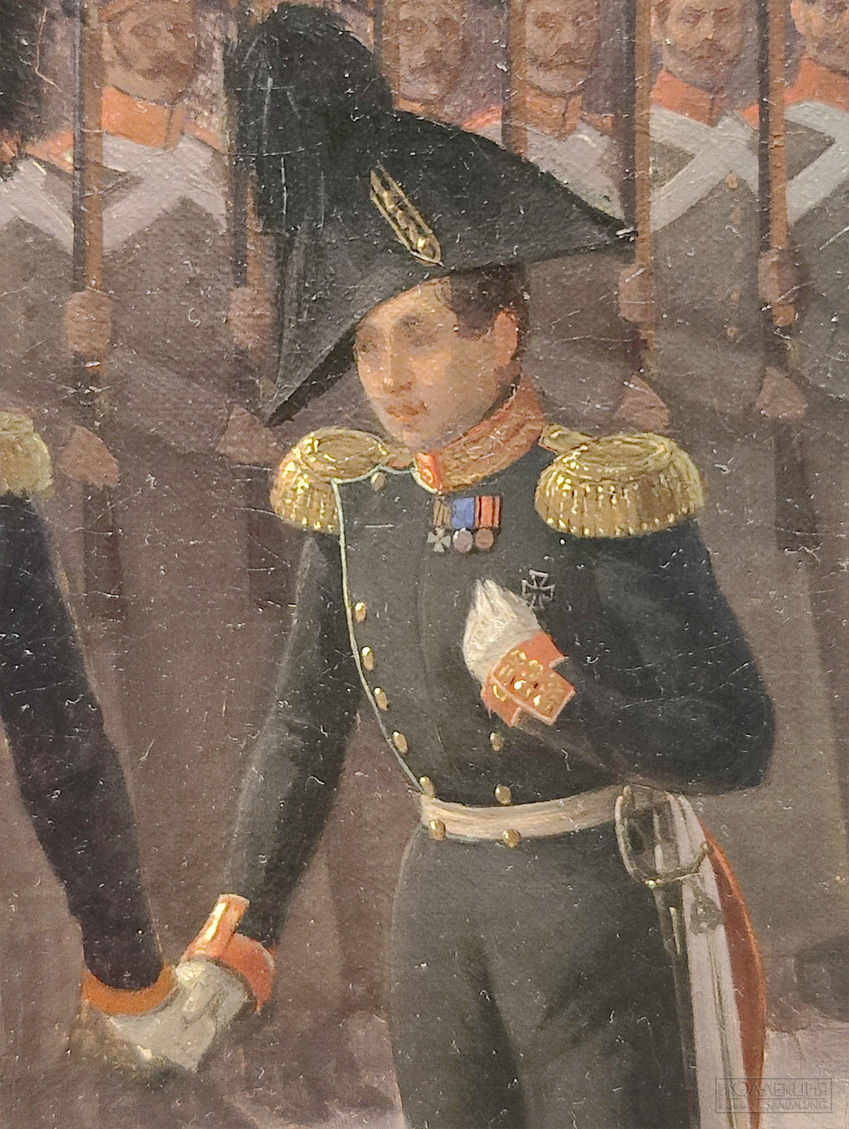 Адольф Игнатьевич Ладюрнер (1799-1855). Приход к Зимнему дворцу 1-го батальона лейб-гвардии Преображенского полка 14 декабря 1825 года. 1852. Холст, масло. Поступление: в 1930 году из Военно-исторического музея, ранее – собрание лейб-гвардии Преображенского полка. ГИМ (Фрагмент)