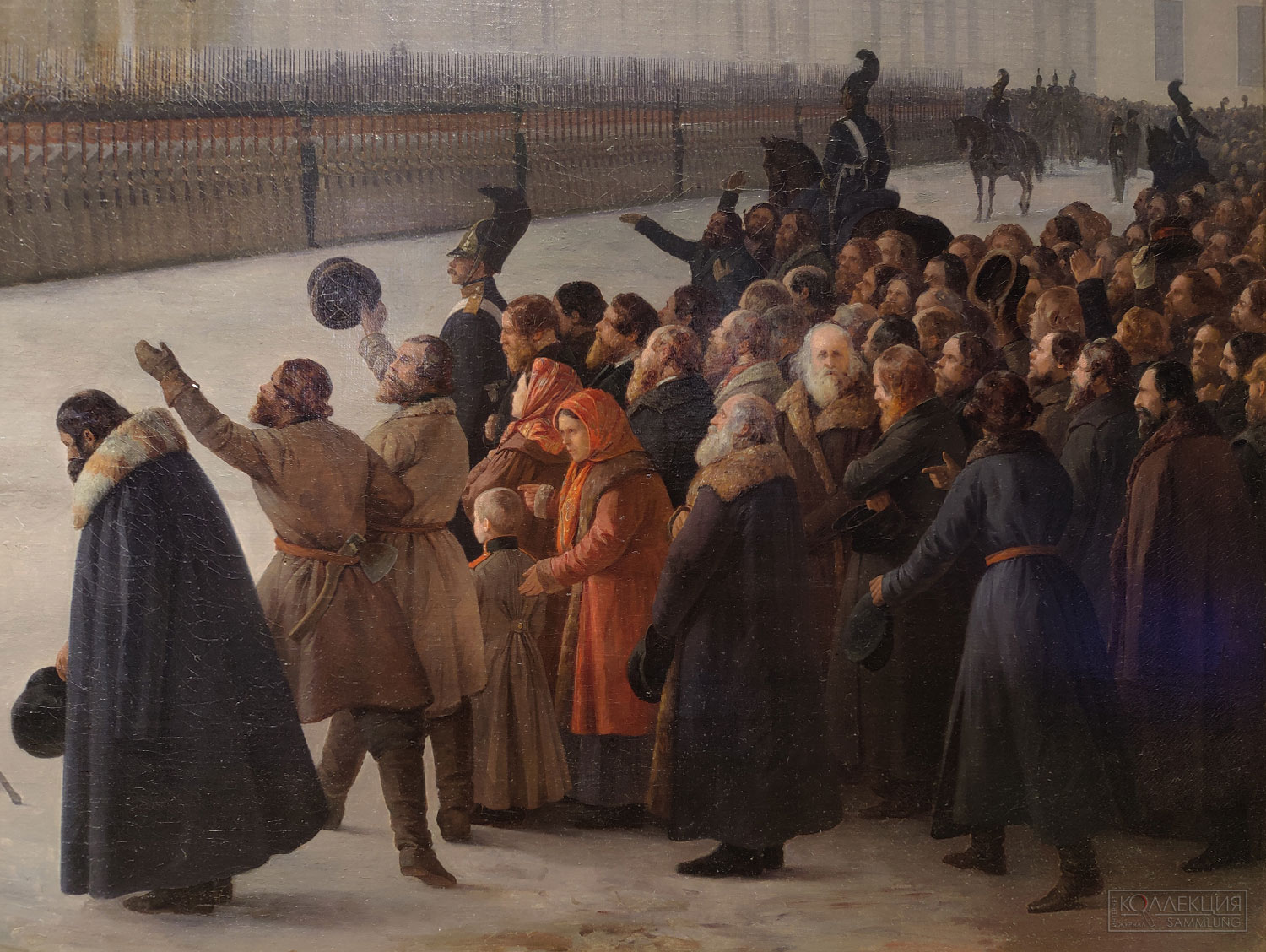 Адольф Игнатьевич Ладюрнер (1799-1855). Приход к Зимнему дворцу 1-го батальона лейб-гвардии Преображенского полка 14 декабря 1825 года. 1852. Холст, масло. Поступление: в 1930 году из Военно-исторического музея, ранее – собрание лейб-гвардии Преображенского полка. ГИМ (Фрагмент)