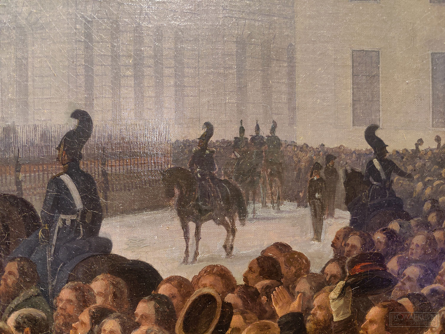 Адольф Игнатьевич Ладюрнер (1799-1855). Приход к Зимнему дворцу 1-го батальона лейб-гвардии Преображенского полка 14 декабря 1825 года. 1852. Холст, масло. Поступление: в 1930 году из Военно-исторического музея, ранее – собрание лейб-гвардии Преображенского полка. ГИМ (Фрагмент)