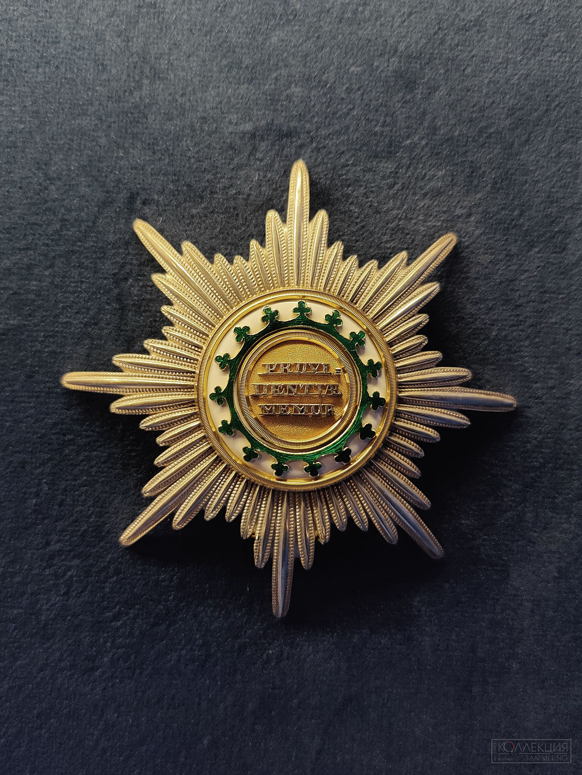 Звезда ордена Рутовой короны. Саксония. Первая половина ХІХ в. Золото, серебро; штамповка, гравировка, эмаль, канфарение, золочение, монтировка. Музеи Московского Кремля. Родовой орден Рутовой короны был учреждён 20 июля 1807 г. первым саксонским королём Августом Фридрихом I по предложению Наполеона I, благодаря которому курфюршество Саксония в декабре 1806 г. было возвышено до королевства. Орден имел одну степень. Кроме Николая I, этим орденом были награждены императоры Александр II и Александр III.