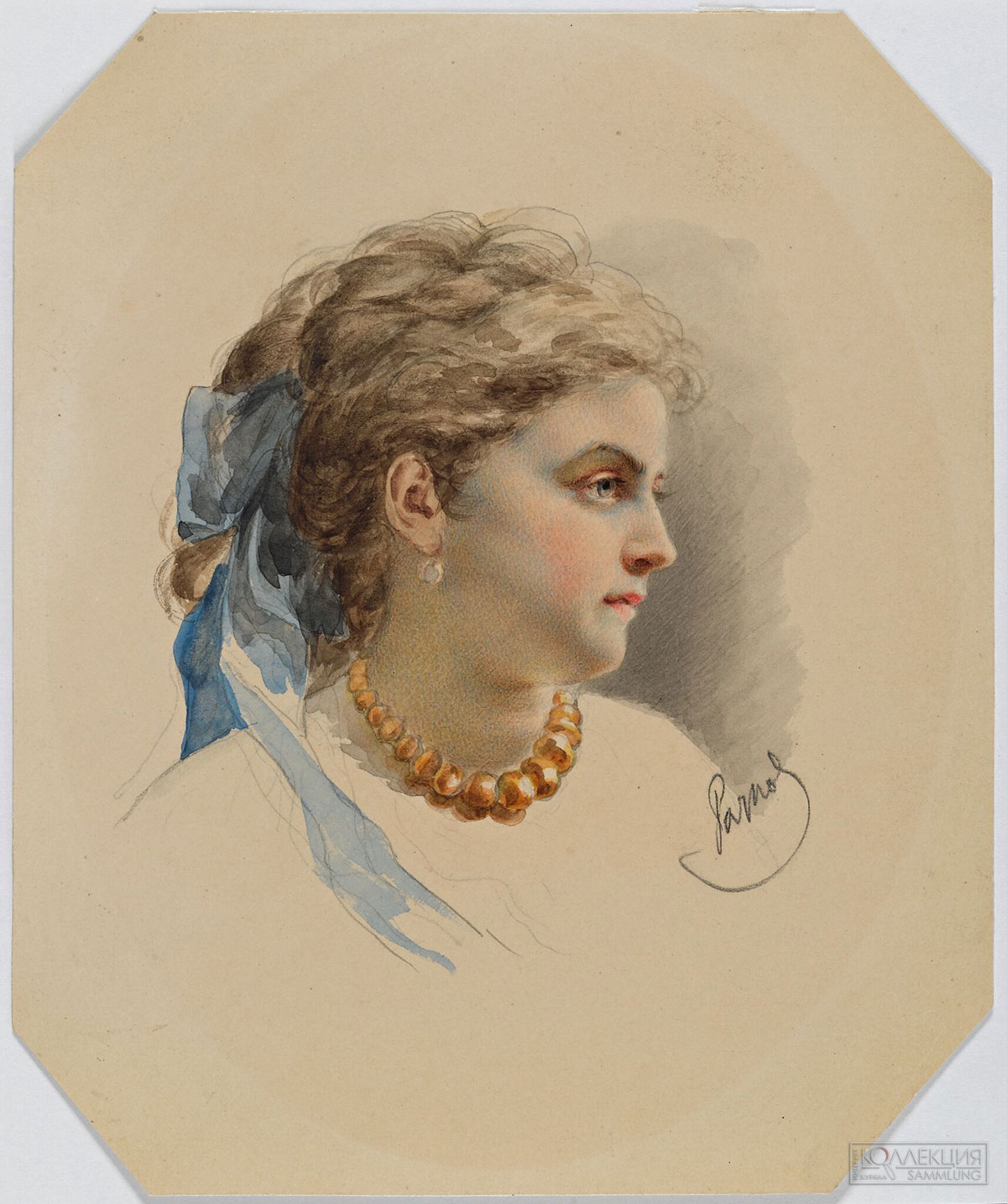 Рачков Н.Е. (1825-1895). Портрет молодой женщины с голубой лентой в волосах. ГТГ