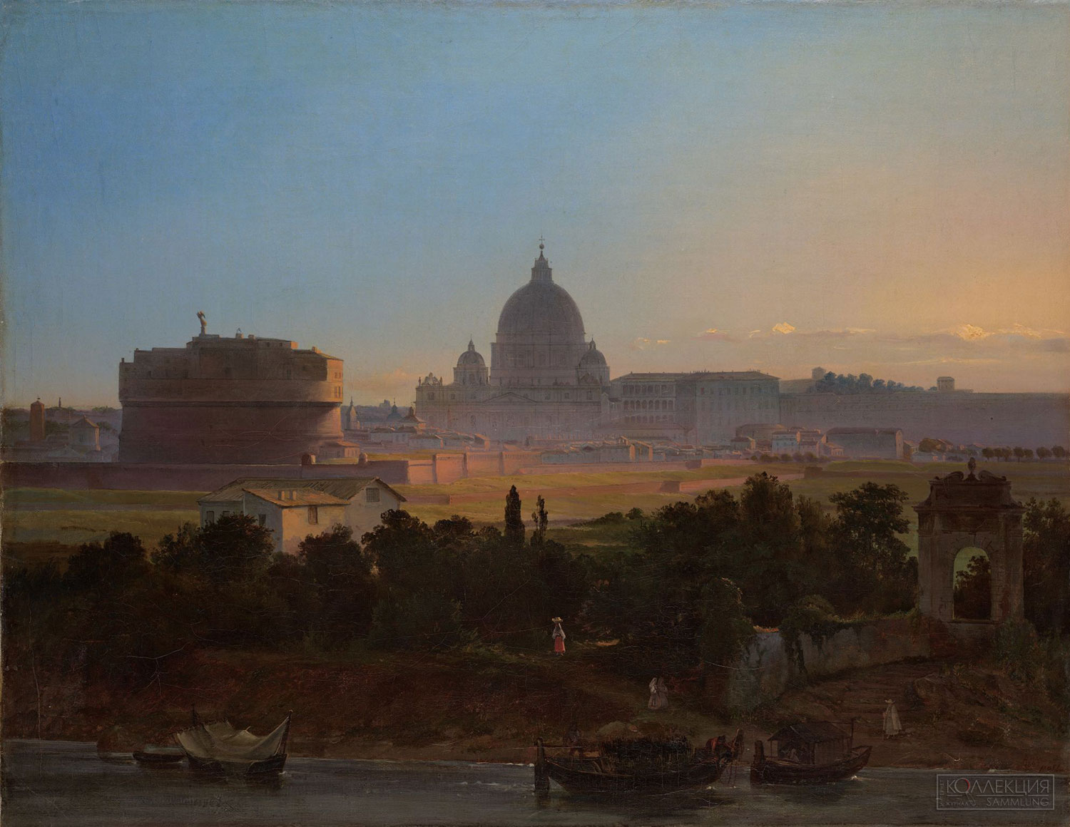 Раев В.Е. (1808-1871) Рим вечером. Вид на замок Св. Ангела и собор Св. Петра. 1843. Холст, масло. 62,1 x 80,3. ГТГ