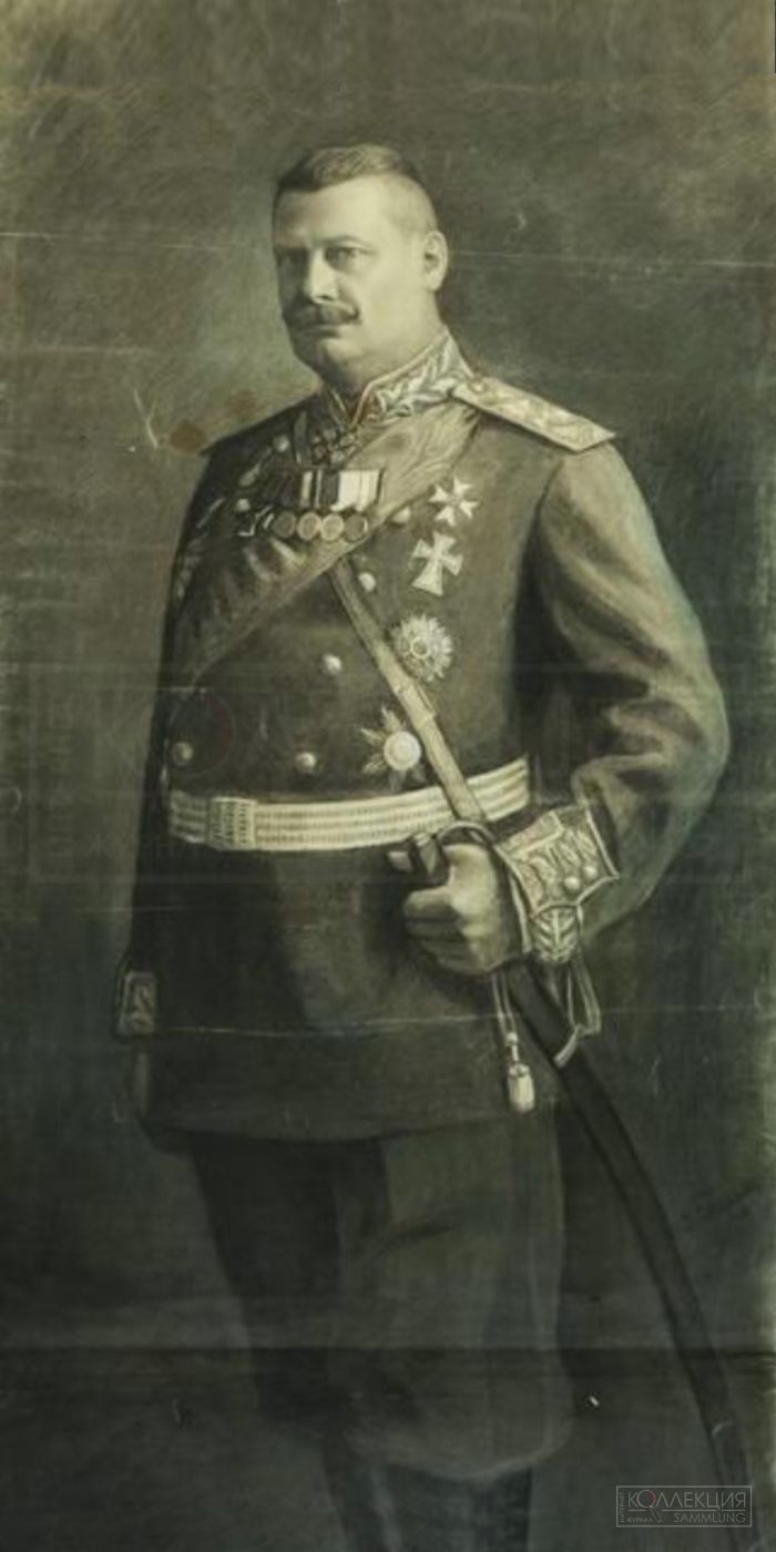 Портрет генерал-лейтенанта барона Николая Васильевича Роппа. Художник Пётр Иванович Соколаев. Бумага, карандаш, мел, соус, 112 х 59 см. 1916 год (по фотографии не ранее 1909 года). Воронежский областной художественный музей им. И. Н. Крамского, Инв. №: Г-3246. Ранее: Портрет генерала. Атрибуция С. Н. Головина