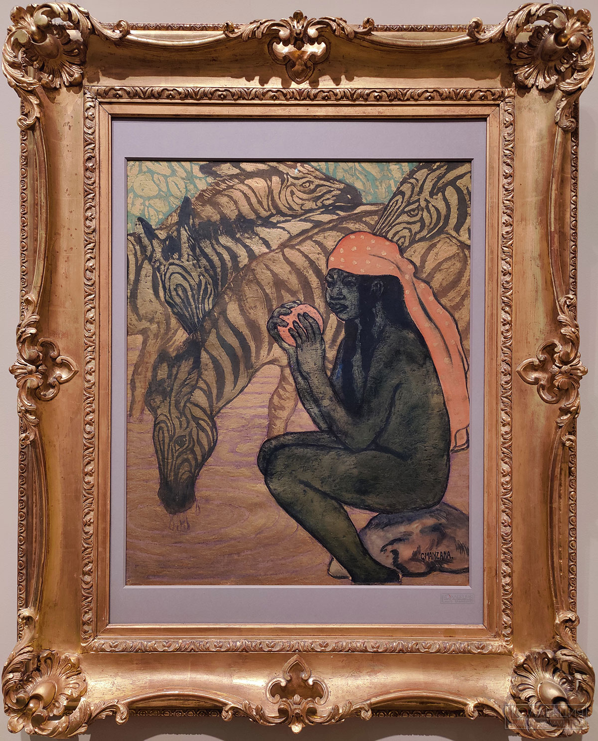 Жорж Мансана-Писсарро (1871-1961). Зебры на водопое. Ок. 1906. Бумага, гуашь, золото. Поступление: 1931 г. из Государственного музея нового западного искусства: приобретено И. А. Морозовым в 1907 г. в галерее Воллара (Париж). Инв. № ОР-42161 Georges Manzana-Pissarro (1871-1961). Zebras at a Watering Place. c. 1906. Gouache and gold on paper. Acquired in 1931 from the State Museum of Modern Western Art; purchased by Ivan Morozov from the Vollard Gallery, Paris, in 1907