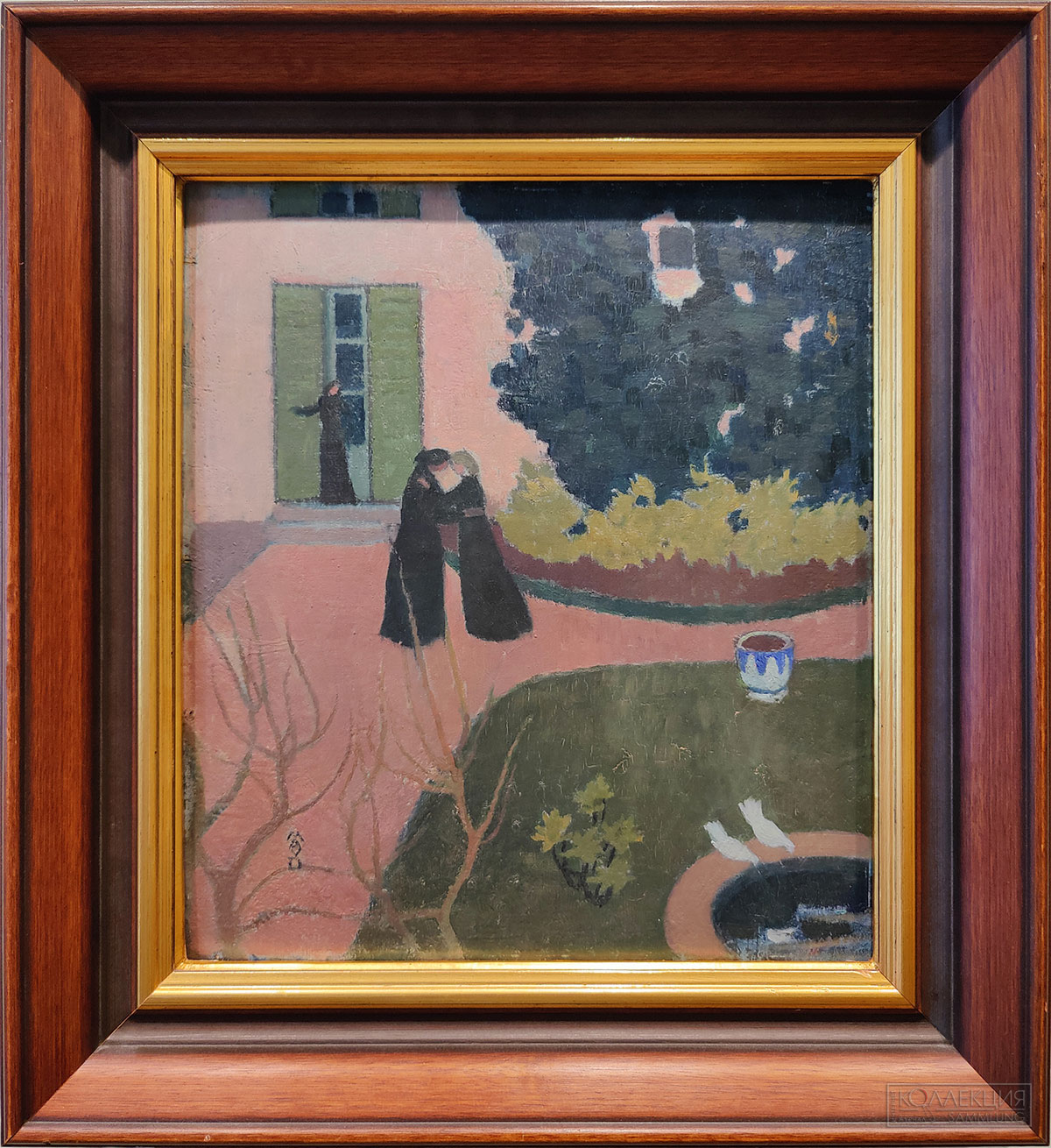 Морис Дени (1870-1943). Встреча. Ок. 1892. Картон, масло. Поступление: 1934 г., из Всесоюзного объединения «Антиквариат»; приобретено М. А. Морозовым в 1900 г. Инв. № ГЭ-7710 Maurice Denis (1870-1943). Encounter. c. 1892. Oil on cardboard. Acquired in 1934 from the Antikvariat trading agency: purchased by Mikhail Morozov in 1900