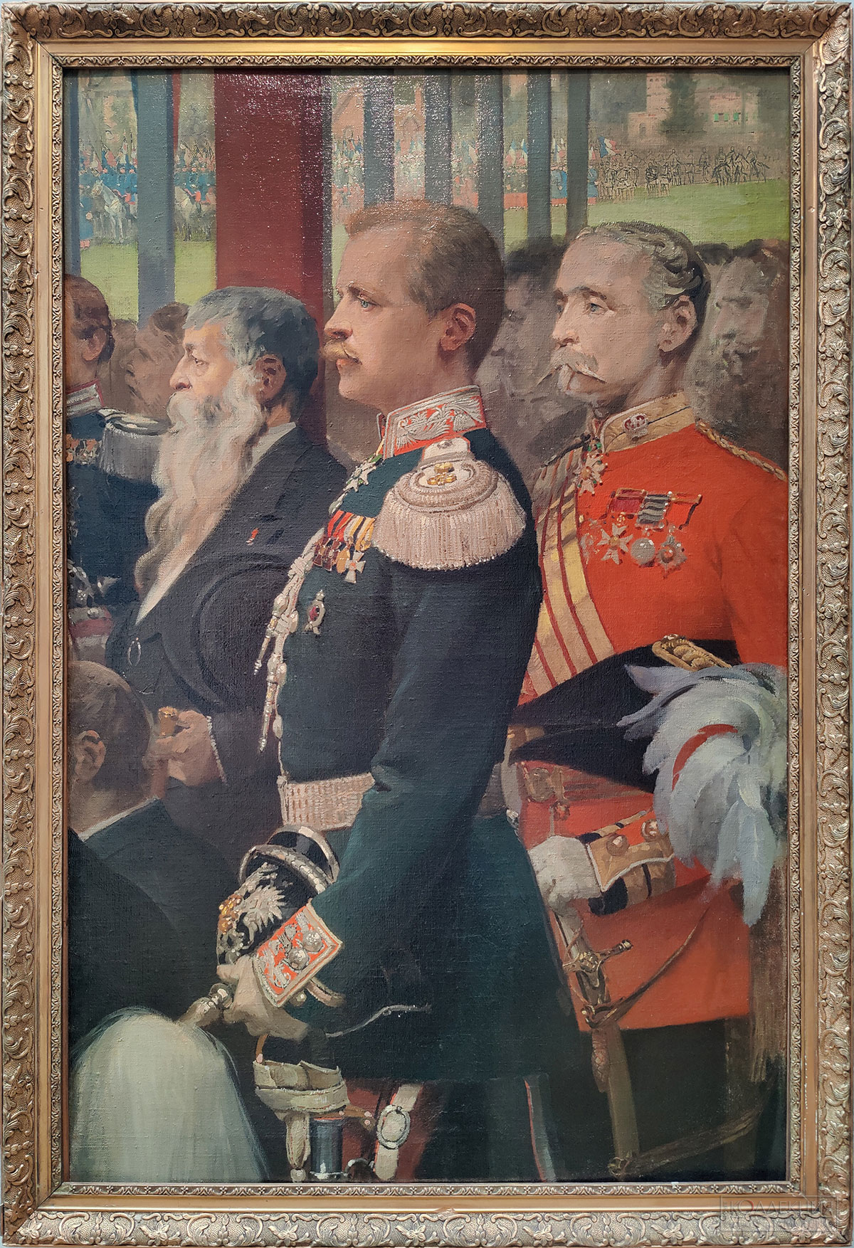 Эдуард Детайль (1848-1912). Художник Эрнест Мейссонье и военные атташе России, флигель-адъютант полковник барон Л.А. Фредерикс, и Великобритании, генерал Конолли. Фрагмент картины «Вручение знамен и штандартов президентом Французской Республики Жюлем Греви на Национальном празднике на ипподроме Лоншан в Париже 14 июля 1880 года». 1881. Холст, масло. Поступление: 1948 г., из Государственного музейного фонда: ранее в собрании барона Л.А. Фредерикса, подарено автором. Инв. № ГЭ-9225 Édouard Detaille (1848-1912). Artist Ernest Meissonier, Military Attaché of Russia, Aide-de-camp Colonel Baron Fredericks, and Military Attaché of Great Britain, General Conolly. Fragment of the painting Handing over Banners and Standards by the President of the French Republic Jules Grévy at the National Celebration at the Longchamp Hippodrome in Paris on 14 July 1880. 1881. Oil on canvas. Acquired in 1948 from the State Museum Holdings: formerly in the collection of Baron Frederiks, gift of the artist