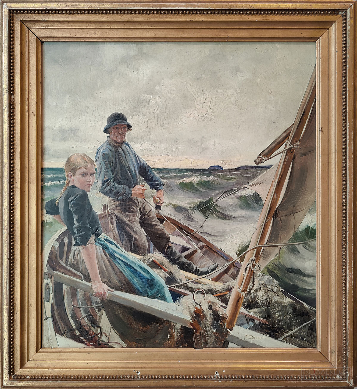 Альберт (Густав Аристид) Эдельфельт (1854-1905). В море. 1883. Дерево, масло. Поступление: 1958 г., из Павловского дворца-музея: ранее в собрании Александра ІІІ. Инв. № ГЭ-9778 Albert (Gustaf Aristides) Edelfelt (1854-1905). At Sea. 1883. Oil on panel. Acquired in 1958 from the Pavlovsk Palace Museum; formerly in the collection of Alexander III