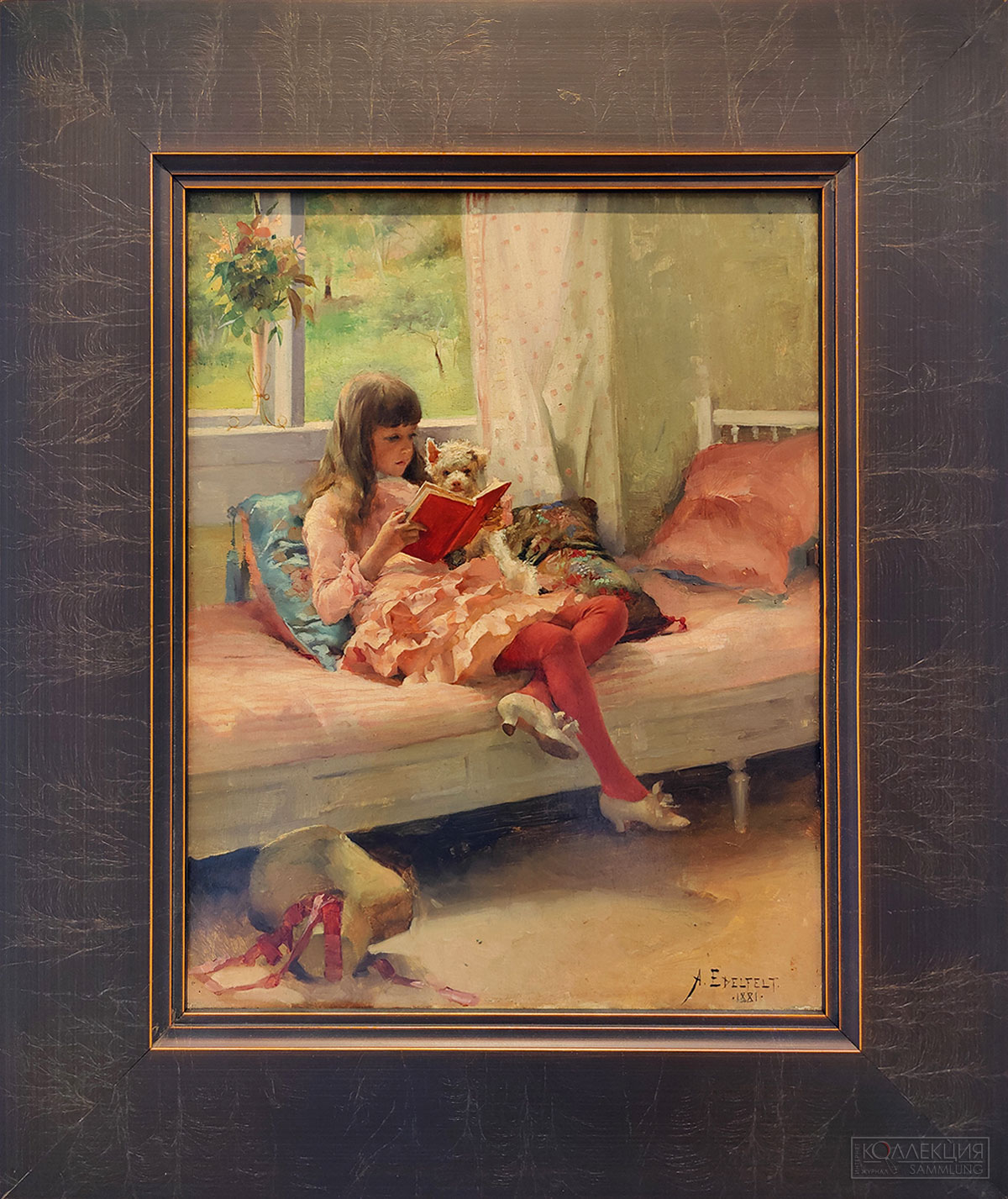 Альберт (Густав Аристид) Эдельфельт (1854-1905). Добрые друзья (Портрет сестры художника Берты Эдельфельт). 1881. Дерево, масло. Поступление: 1958 г., из Павловского дворца-музея: ранее в собрании Александра III. Инв. № ГЭ-9812 Albert (Gustaf Aristides) Edelfelt (1854-1905). Good Friends (Portrait of the Artist's Sister Bertha Edelfelt). 1881. Oil on panel. Acquired in 1958 from the Pavlovsk Palace Museum; formerly in the collection of Alexander III