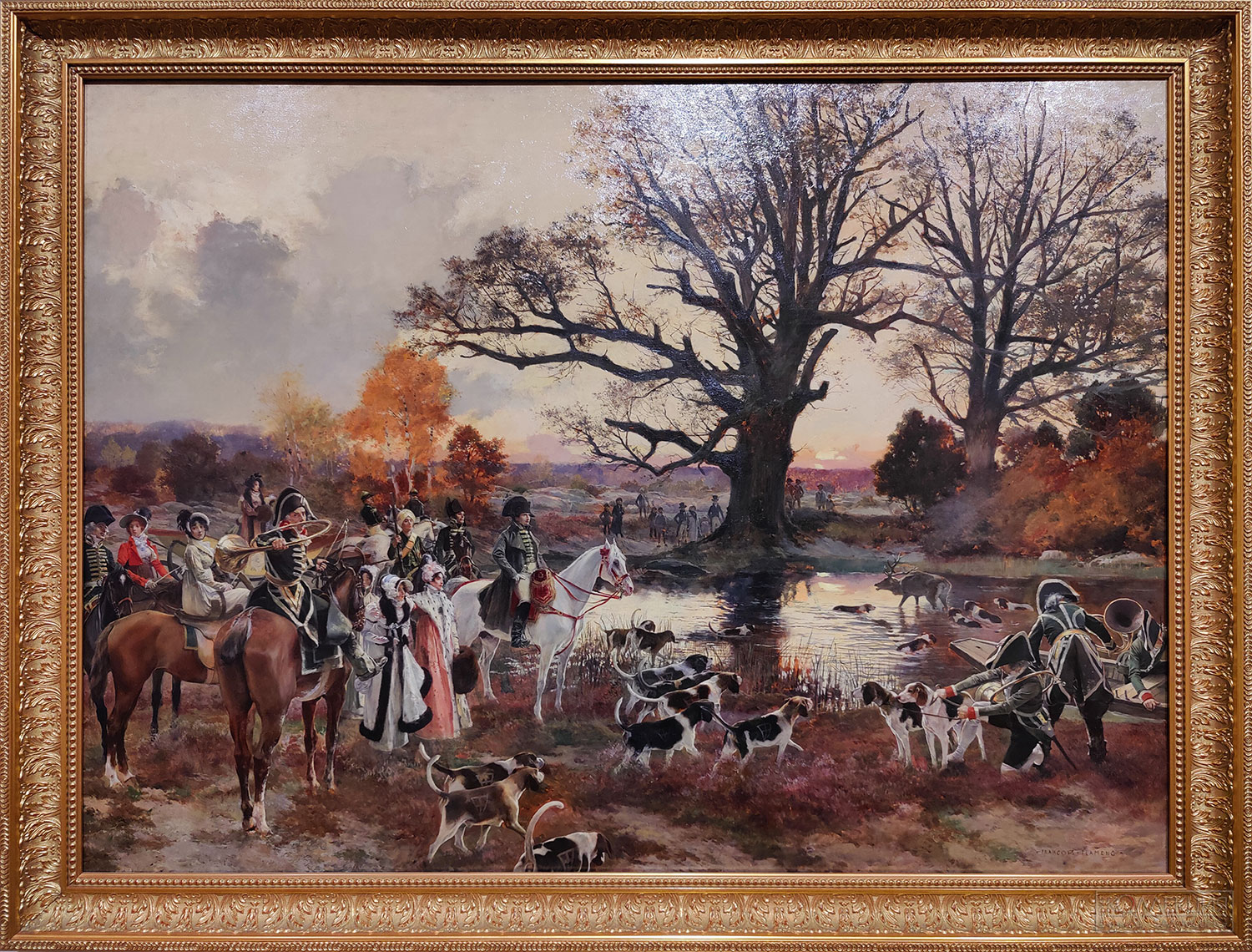 Франсуа Фламенг (1856-1923). Наполеон І на охоте в лесу Фонтенбло в 1807 году. Ок. 1893-1894. Дерево, масло. Из комнат Александры Фёдоровны в Зимнем дворце, приобретено Николаем ІІ в 1905 г. Инв. № ГЭ-6270 François Flameng (1856-1923). Napoleon I Hunting in the Forest of Fontainebleau in 1807. c. 1893-1894. Oil on panel. From the rooms of Empress Alexandra Feodorovna in the Winter Palace purchased by Nicholas II in 1905